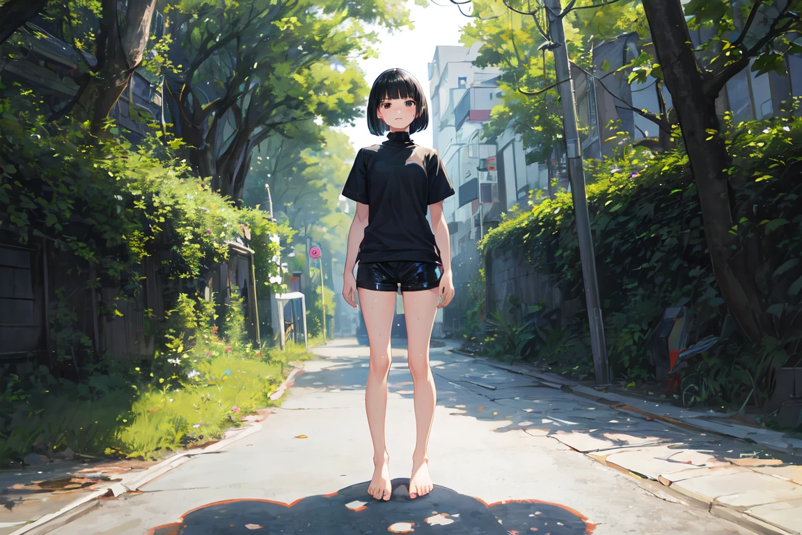 high quality, highres, illustration, aesthetically pleasing, 1girl, solo, slim, black hair, bob cut, bangs, black eyes, closed mouth, black shirt, short sleeves, turtleneck, (black sweat short), bare feet, standing, sidewalk, [forest : city: 10] depth of field
