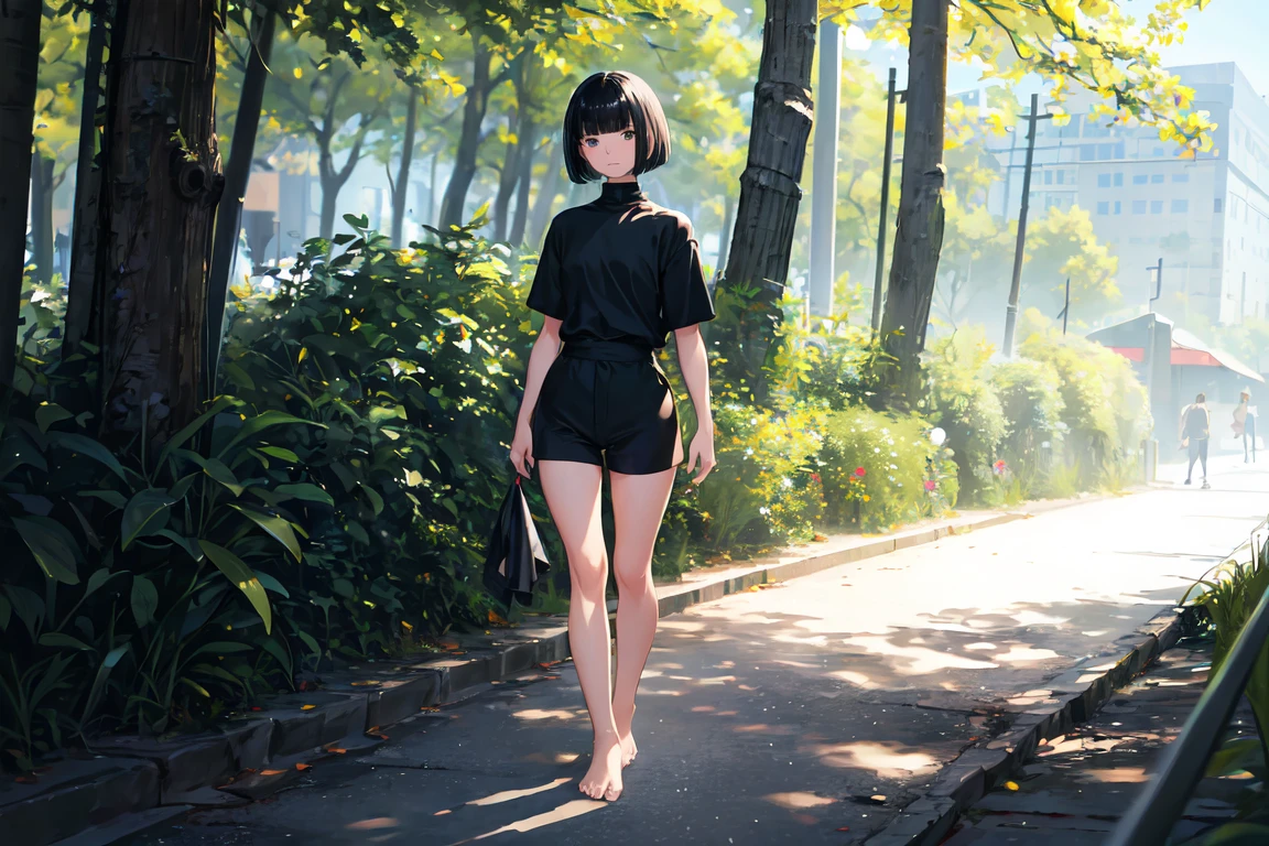 high quality, highres, illustration, aesthetically pleasing, 1girl, solo, slim, black hair, bob cut, bangs, black eyes, closed mouth, black shirt, short sleeves, turtleneck, (black sweat short), bare feet, standing, sidewalk, [forest : city: 10] depth of field
