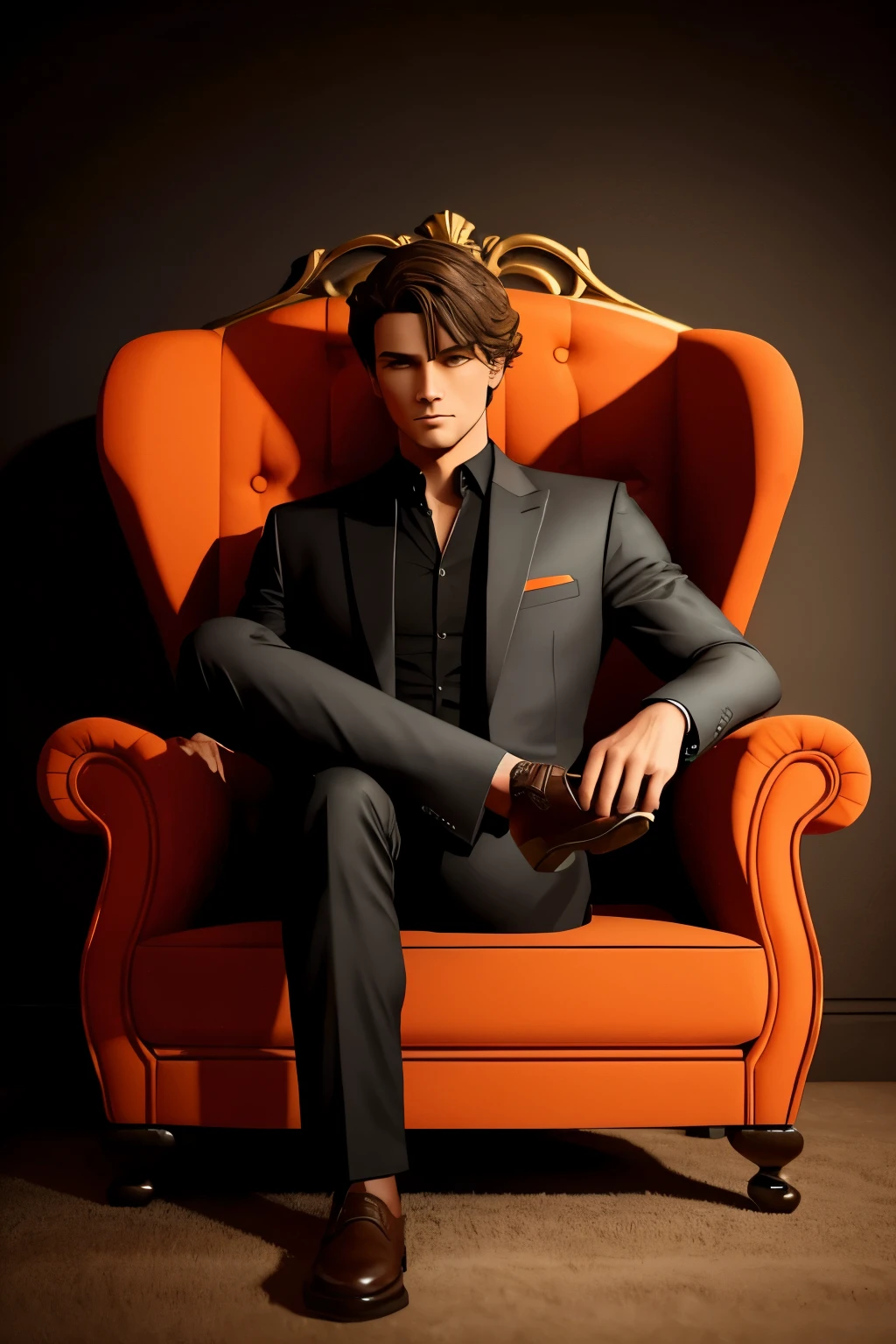 Create a 3D illusion for a profile picture Sitting casually in a lion side on a Wingback chair. he looks ahead. The background features “JAY” in big and capital Orange neon light fonts on the dark grey wall. There should not be his shadow, with a gold