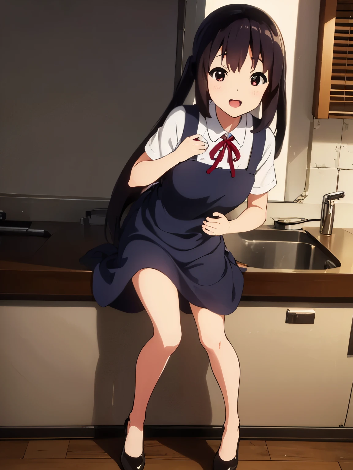 (best quality, masterpiece:1.2), 1girl, (((masterpiece))), (((full body))), top-quality, top-quality, High Details, nakano azusa, 1girl, Cafe waiter uniform, Twin-tailed, length hair, A dark-haired, brown-eyed, solo, reddish, thin red ribbon, Solid white buttoned shirt under blazer, illustratio, comic strip, soothing tones, Subdued Color, Soft cinematic light, adobe lightroom, photolab, HDR, intricately and hyper-detailed、(((depth of fieldasterpiece)))。(((top-quality))).)((ultra-detailliert)))。(((illustratio)))。(((takeout))).dynamic focus.big breasts.(((kitchen))).(((A home))).(((Face of happy smile))). Close eye, open mouth.(((put hands on the stomach))).(((up chest))).((morning glow)).((the setting sun)), solo, anime, anime screencap, ray tracing, ultra resolution image, vivid color,  cinematic light,  lens flare,  light on face, glow eyes,  depth of field, happy, detailed background, cute,  straight-on, dive dress, navel,