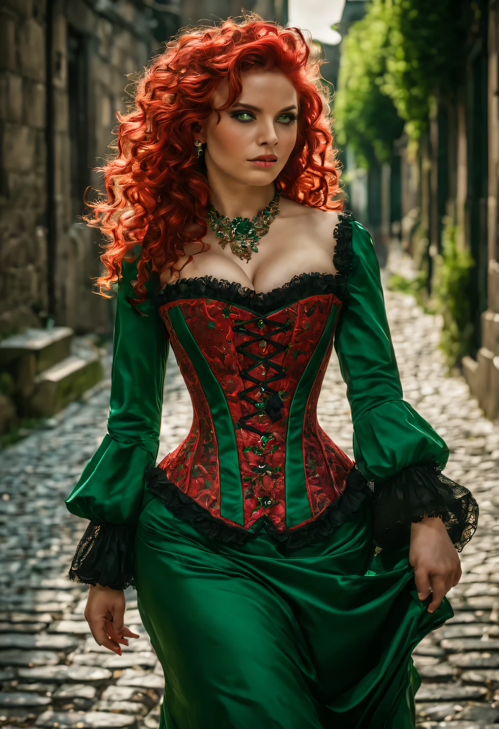 [best quality,highres:1.2],ultra-detailed,(realistic:1.37),(mid day),(vivid colors, rich coloredieval:1.1) female waif, large tits, [pretty detailed face:(1.1)],long [red curly hair, detailed curls:1.1], (emerald green eyes:1.3), walking on [cobblestones, detailed cobblestones:1.1],daytime scene,(nostalgic mood),stock photo, Beautiful read and green Victorian detailed ornate corset, [detailed clothing: 1.1],[detailed surroundings:1.1],[shadowy alley, [mysterious ambiance:1.1], (full body picture:1.6), (Duotone [red and green]:1.6).