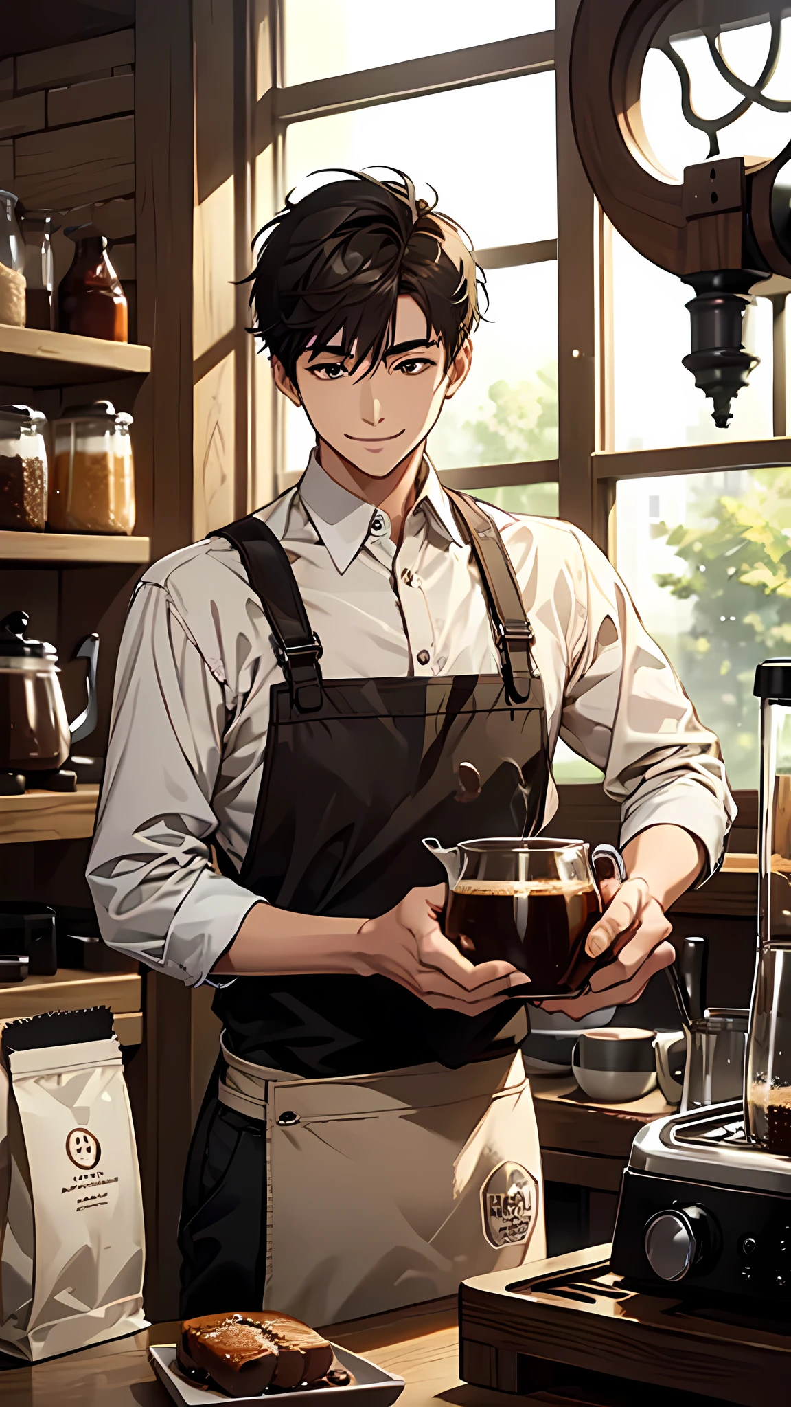 Boy, short haircut, shirt, barista, I make coffee, smiling, coffee grinder, Coffee beans, dropper Hario v60, Hario coffee kettle, I make coffee right on window, Inside
