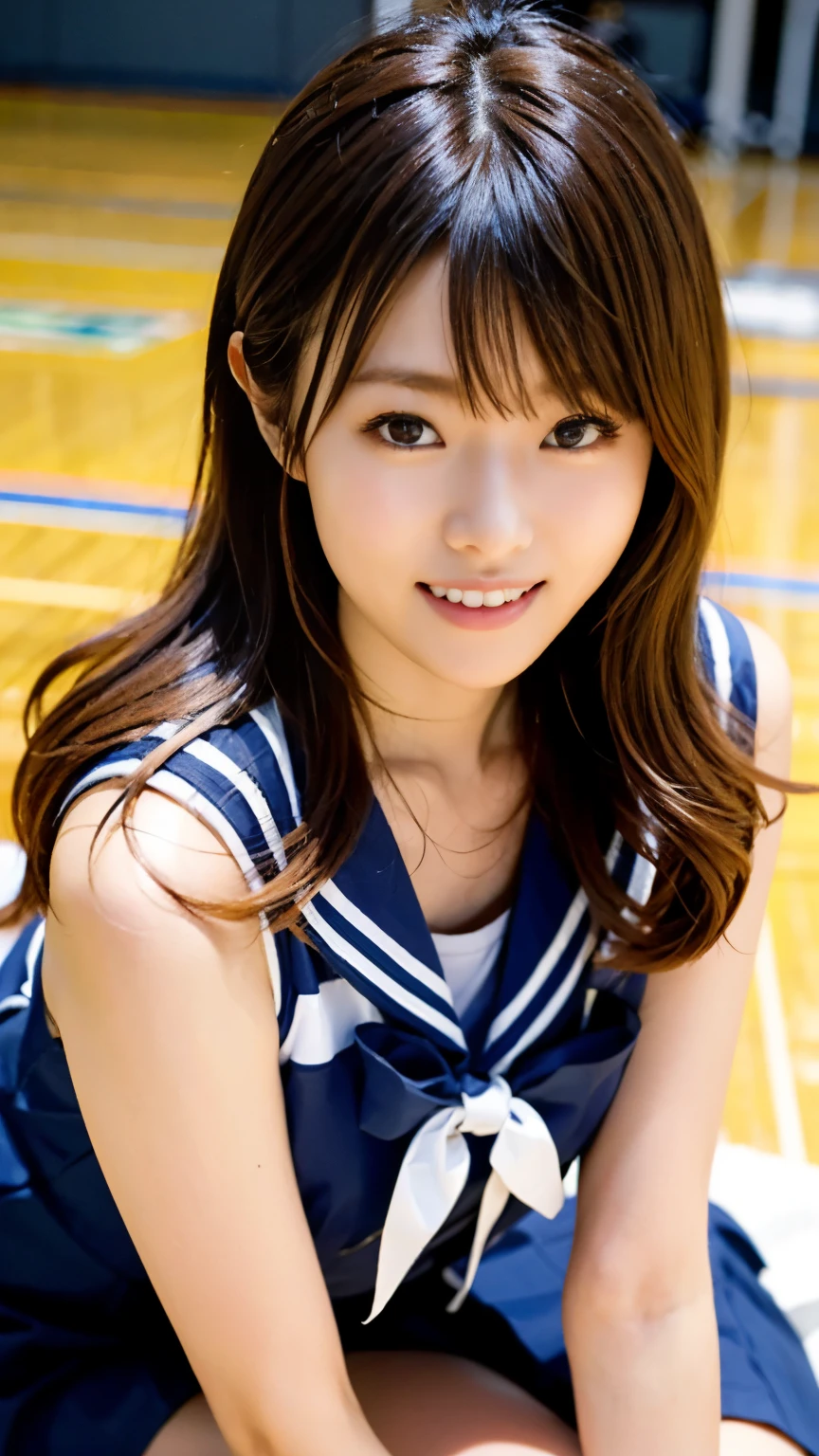 perfect anatomy ,Neat high school girl with ponytail, (school uniform, sailor suit, tie a ribbon on the chest, Winter clothes, Upper body is navy blue, The skirt is dark blue),High school graduation ceremony in the large gymnasium in the morning,長袖で昔ながらの紺色のsailor suitに膝丈のプリーツスカートを着て体育館シューズを履いて,((Sitting down on the gymnasium floor with a mysterious look on her face, she poses as a female dog.)),short cut bob,(((Knee-up shot from the front))),best image quality,professional angle of view,outstanding detail,超A high resolution,realistic:1.4),high detail,focus on details,1girl concentrated in high concentration,beautiful chestnut hair,Beautiful face with a delicate and high nose,long limbs like a model,The glimpse of underwear is dazzling,