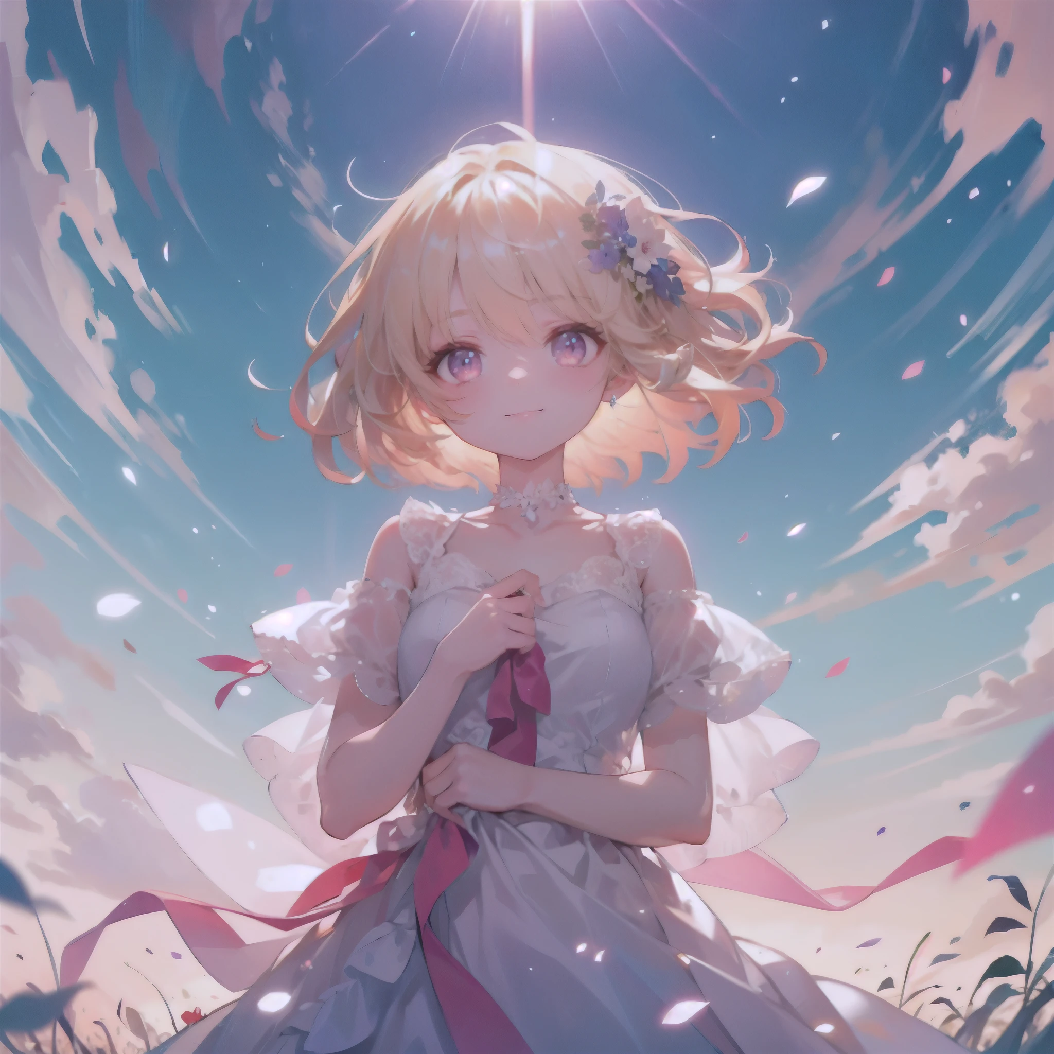 (highest quality, masterpiece, Super detailed, very detailed, exquisite, 16k,Full HD),A little closer,dramatic lighting,pastel colour,smile,(looks fun)grab the hem of the dress,(sun光,grassland,clear sky),（floating in the air）,soft lighting, ((alone:1.5)),(clear sky,blue sky,rainbow,sun,morning sky,sunny),gentle wind,magical forest,flower,wood,flower畑,葉っぱとflowerびらが舞う,From above,((head shot)),画面いっぱいのflower,(fairy princess, purple eyes, long eyelashes,white skin,slim,pale pink plump lips,pale pink cheeks, The wind is blowing,(medium hair,wavy hair,blonde),thin and long,(thin and high nose,small nose),(腰の少しFrom above巨大な妖精の羽:1.5),sunの光に反射した,sunの魔法,flowerのティアラ,diamond earrings,Diamond Choker,(waist is narrow,fluffy white ball gown dress, lace and frills),(smile:1.2), (fantasy, romantic atmosphere), 