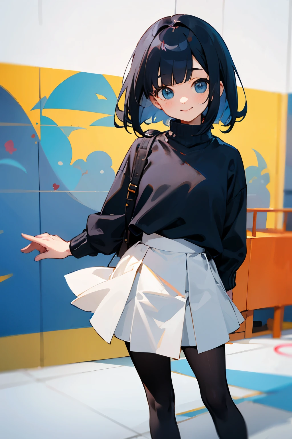 with the best image quality、8k、age girl standing in the room。black bob hair、cute smile.。black tights、cute blue sweater、wearing a cute white skirt。