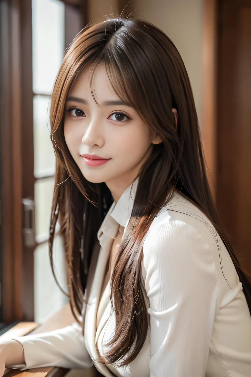 table top、highest quality、genuine、Super detailed、finely、High resolution、8k wallpaper、one beautiful woman、、、light brown disheveled hair、wearing a business suit、sharp focus、perfect dynamic composition、beautiful and detailed eyes、thin hair、詳細なgenuineな肌の質感、smile、close-up portrait、model body shape