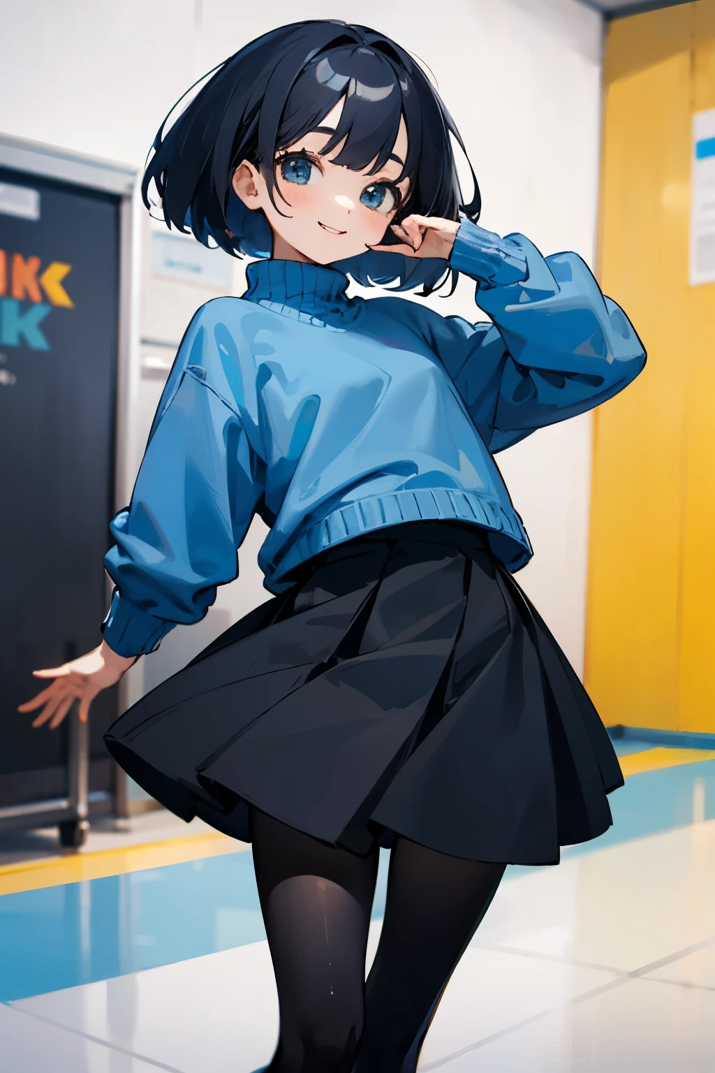 with the best image quality、8k、 girl standing in the room。black bob hair、cute smile.。black tights、cute blue sweater、wearing a cute white skirt。
