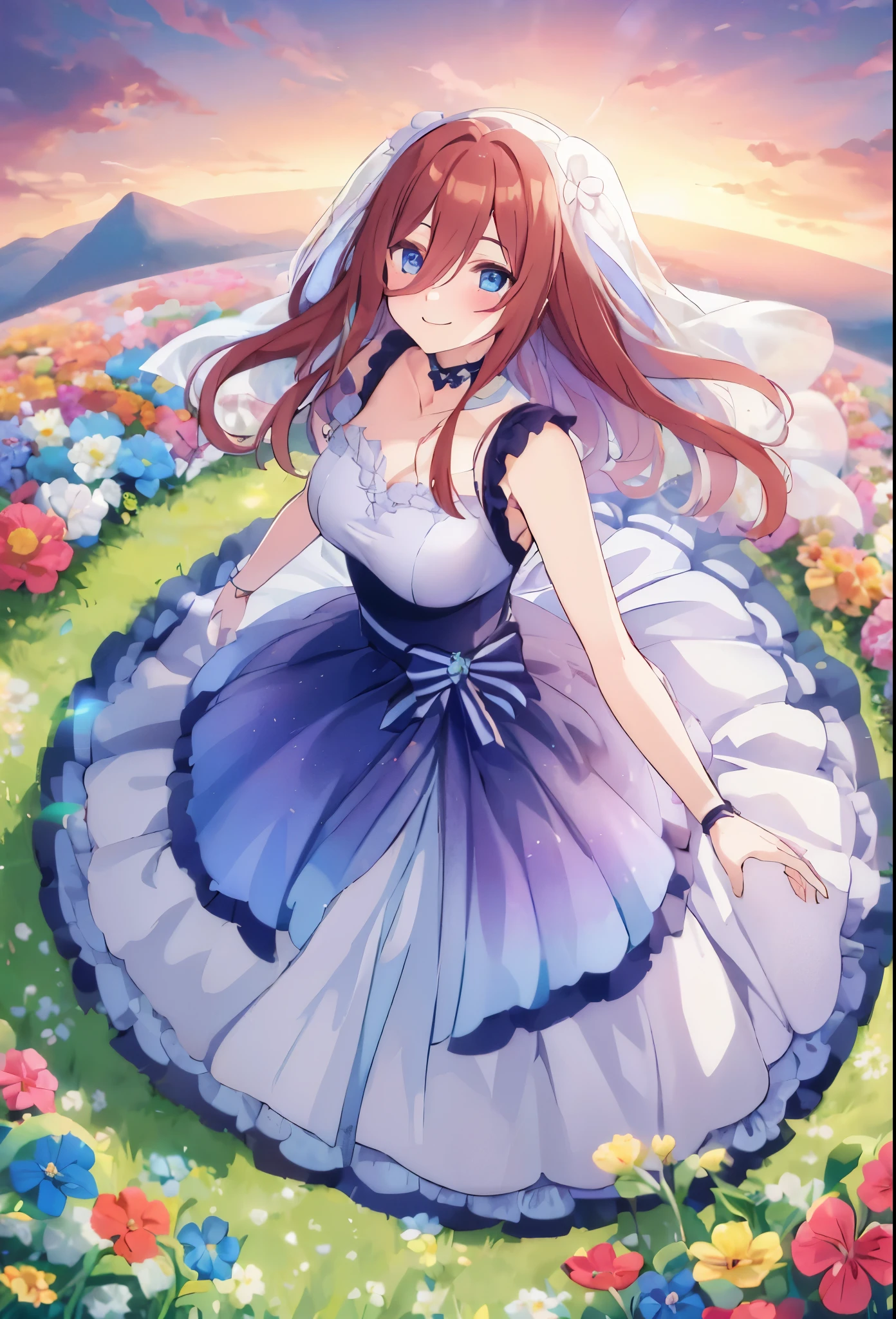 Miku nakano wearing a monochrome veiled organza dress, laying among grass, laying down among little flowers, sparkling blue_eyes, happy smile, laugh, sweet face, tender, lovely, 4k, perfect quality, excellent character design, pastel coloured image, vivid colours, bright colours, nature, lawn, among flowers, flower garden, delicate flowers among hair, tiny flowers among hair, sunset, sunset light, embarassed face, shy laugh, blushing, full body, full shot, dinamic pose, extremely detailed, clean lineart, neat, ,( 1 girl) Sfw, Miku nakano, pretty teenage girl with fluffy long pink brown hair, blue eyes, cute face, aamiku, Nakano Miku from The Quintessential Quintuplets, Miku Nakano, masterpiece, 4k, ultradetailed, cowboy shot, nakano Miku, pink red brown hair, blue eyes, sparkling eyes, iridescent flowing organza dress, organza and lace vest, single colour organza dress, full body, dynamic pose, moving, dynamism, hair between eyes,, perfect anatomy, perfect symmetry, perfect body