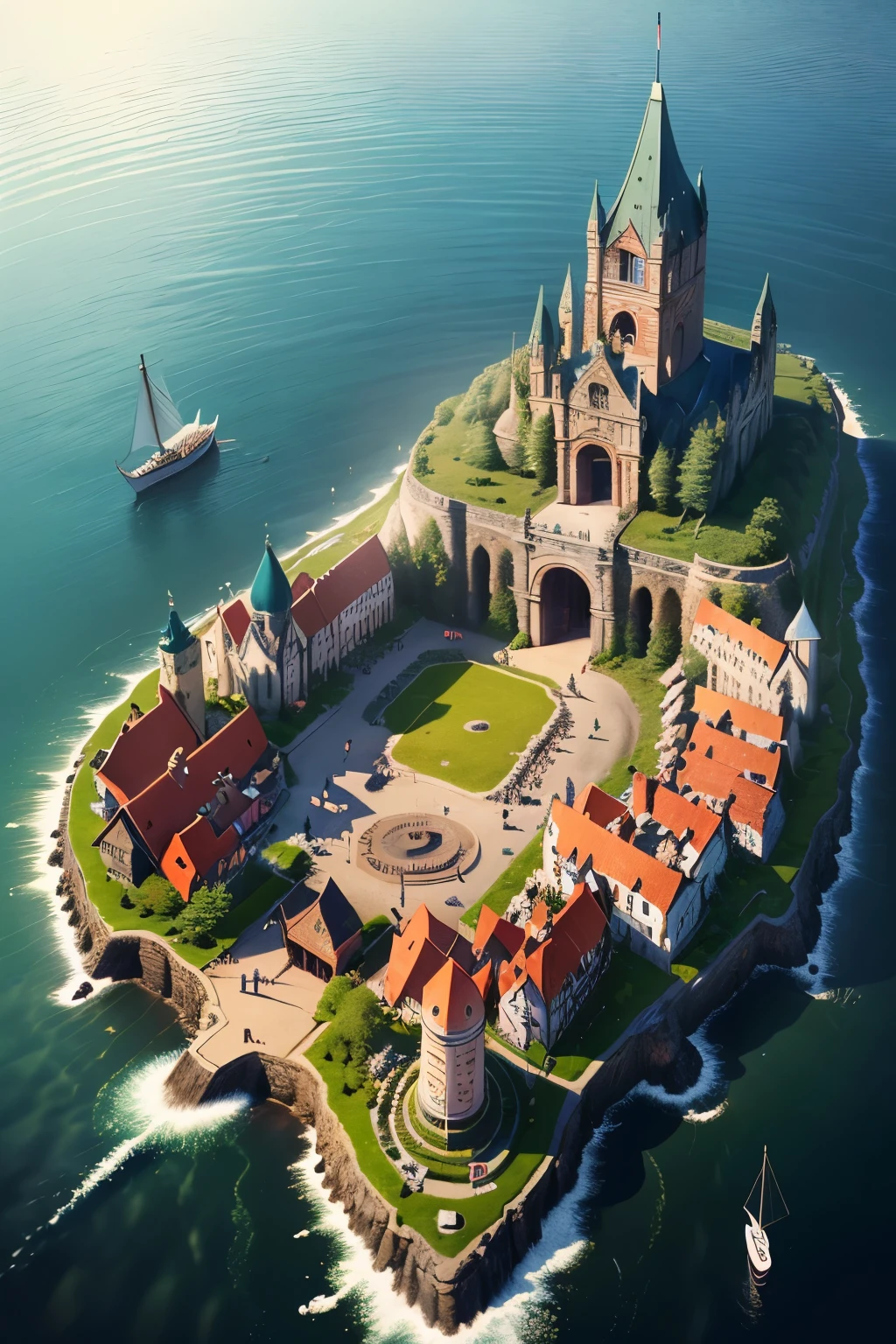 ancient viking city, made out of stave wood and stone, large buildings, on an large island, almost fills up the entire island, alot of detail on the buildings