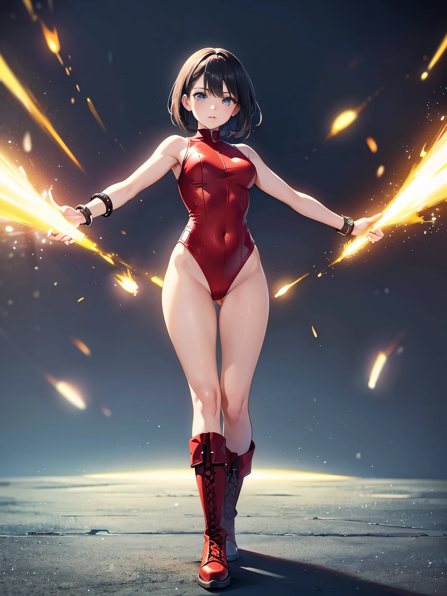 masterpiece, best quality, 1girl, medium breasts, (leotard, red leotard with white accents, sleeveless, midriff), bare legs, boots, matching boots, bracelets, city backdrop, solo, single, standing, heroic, (full body shot, cowboy shot), beautiful detailed eyes, medium hair, superhero, (glow, powering up, light particles)