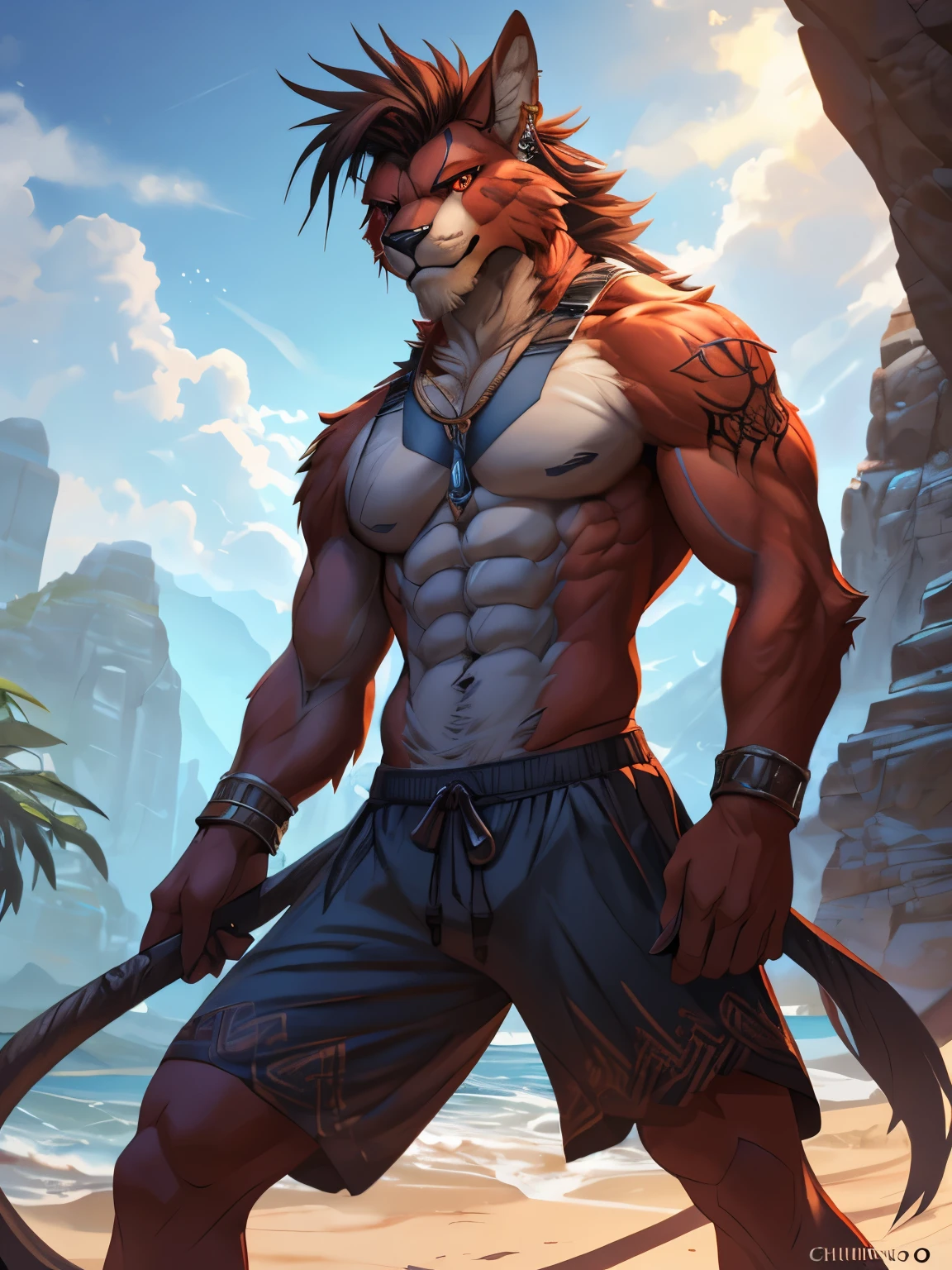 4k, ,8K, A high resolution, best quality, perfect colors, perfect shadows, perfect lighting, posted on e621, (by Chunie, by canyne khai, by t.y.starale), male, furry, anthro, red xiii (final fantasy), muscular, solo, red eyes, (Realistic eye details 1.2), beach, wearing tank top, wearing jogger sweatpants, Full body like, Slim body, abs, dramatic lighting, soft lighting, day, highly detail, Hair coiled, delight, Standing up position, cool pose charm, Abstract beauty, centre, Looking at the camera, Facing the camera, nearing perfection, Dynamic, highly detailed, illustration, (Realistic background), ((Bonifasko lighting)), (Detailed eyes), perfect pupils, detail eyes, detail fluffy fur, (seductive face:1.2), fit body, Looking at the camera,, fit body, perfect male figure, Detailed fur, Detailed face, Perfect face, Detailed background, (Complex), (Super Detail), (Ultra Clear), (Best Quality)