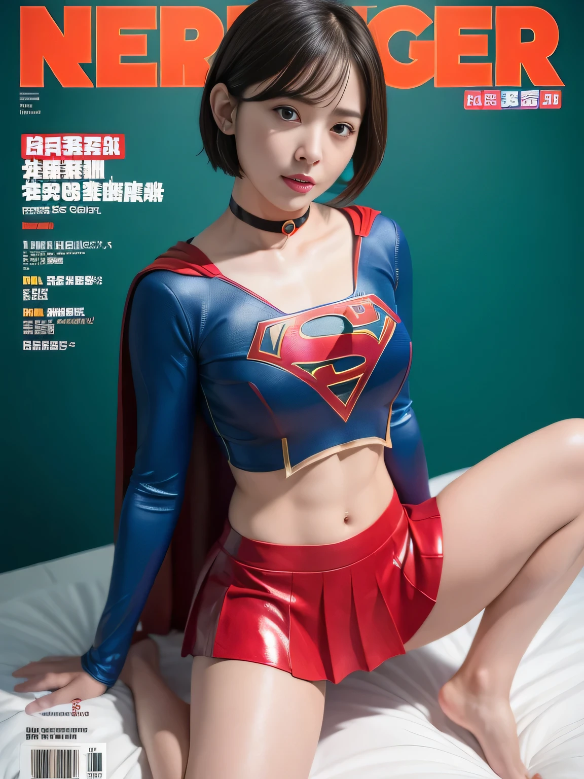masterpiece、supergirl costume、short hair、barefoot, big and full breasts、test subject、operating room、operating table、straddle、sweating、shiny、look at the camera、sense of abuse、Estrus、choker、Weekly magazine cover、long sleeve、red mini skirt、obscene pose、Seduce、humiliating、hindrance、