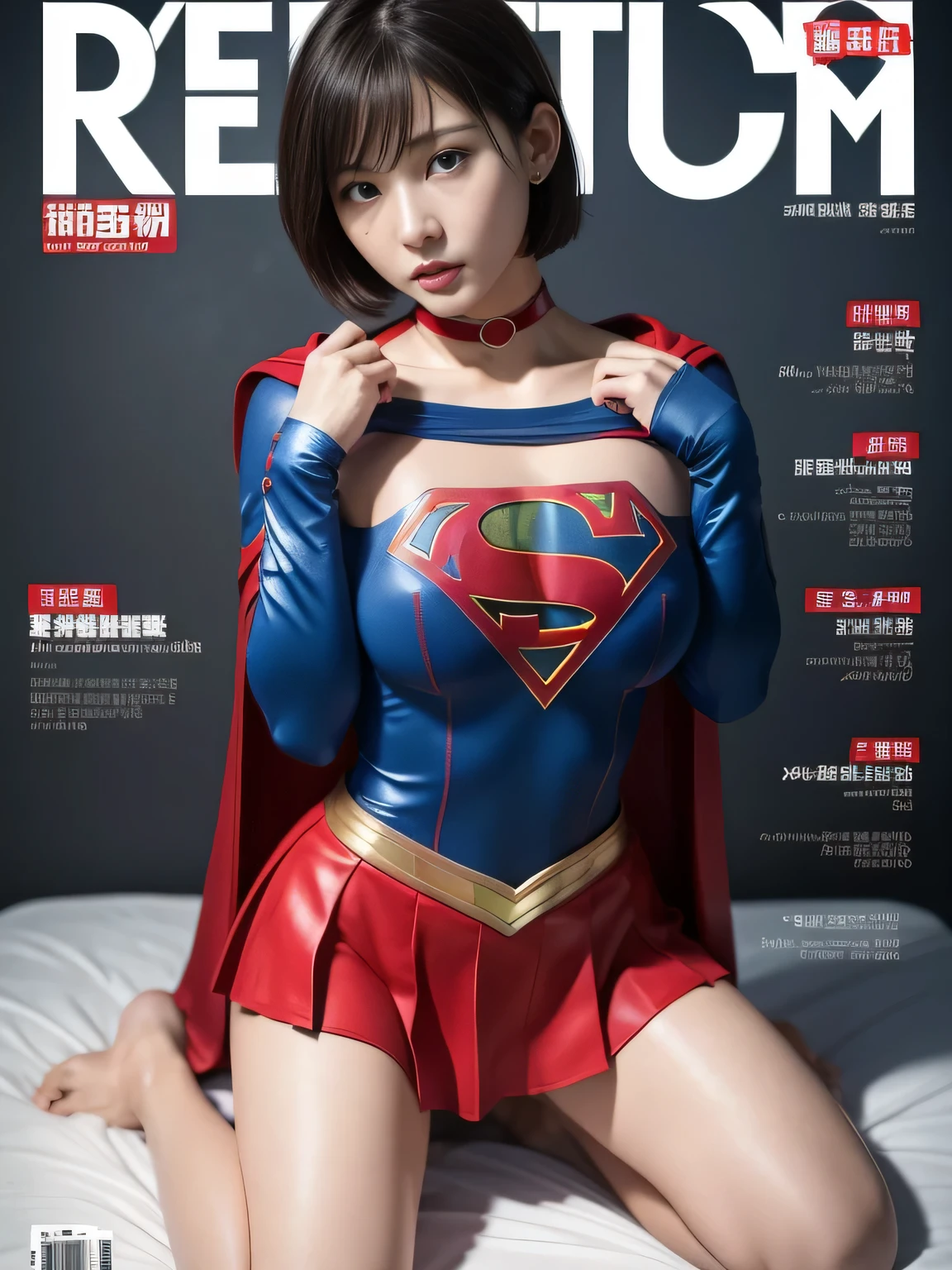 masterpiece、supergirl costume、short hair、barefoot、big and full breasts、test subject、operating room、operating table、Crisis situation、straddle、flowing sweat、shiny、look at the camera、sense of abuse、Estrus、choker、Weekly magazine cover、long sleeve、red mini skirt、obscene pose、Seduce、humiliating、hindrance、