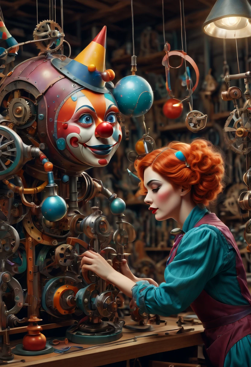 (best quality, highres, ultra sharp), scene of a mechanical woman in a workshop fixing magical mechanical (clown puppets), about the curvature of space time, working, art deco, zentangle, full colored,3d crunch, cinematic