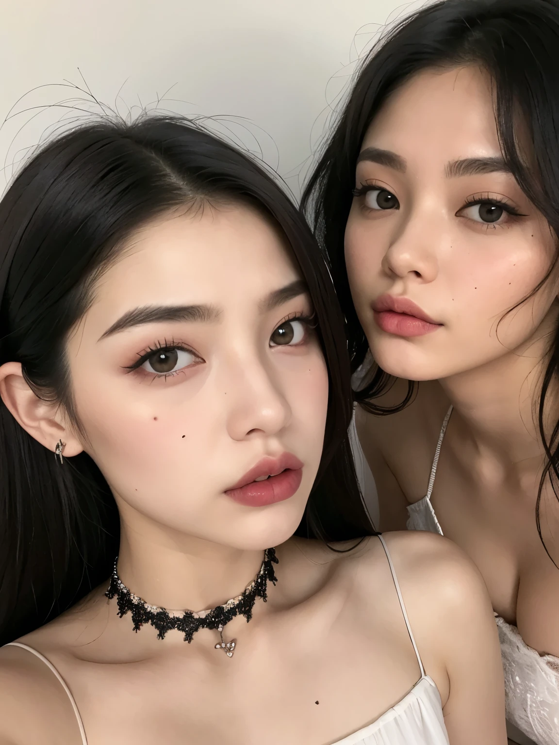 Kim Jennie con el cabello negro oscuro, con rulos en las puntas del cabello negro oscuro, con un ganchito de estrella en el cabello negro oscuro, ojos de color claro, ojos bonitos, ojos llorosos, nariz bonita y respingada, labios bonitos, labios rosas, heart and cupid shaped lip, piel bonita, pale, piel blanca, con lunares y pecas en todo el rostro, rubor rosa suave en las mejilla, rubor rosa natural, dark and gothic makeup, Jennie gotica, mientras ella esta con un chico lindo a su lado, with a cute asian boy standing next to her, mientras hay un torso de hombre, mientras el hombre'His hand is on his jaw.., manos bonitas de hombre, with a gothic boy, cuellos bonito, cuello marcado, frown, mirada enojada, con un collar de beso, un collar bonito de beso, mientras sus pezones son notorios (pechos grandes, pechos suaves, pechos bonitos, pechos naturales), con un vestido blanco, vestido corto y transparente, visible on the nipple, con un chico a su lado, con su novio, mirando a la camara, autofoto