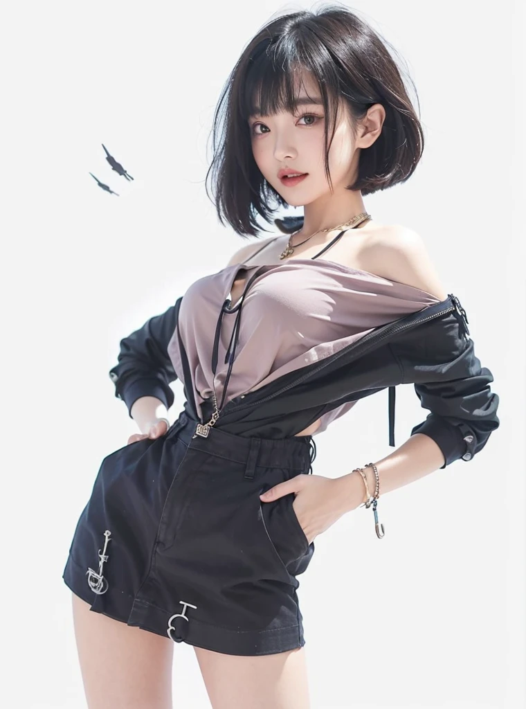 8k quality、Best picture quality、超High resolution、masterpiece、Photorealistic、1 edgy looking girl、Trendy makeup、bob cut、(off-shoulder shirt、Slit skirt、Suitable clothes)、Cecessy、cinematic light、Main character、sweet smile 、Super Slim、g-cup、(Do not wear underwear)、wear tight clothes、thin body、Dynamism、necklace、Start of story、Magazine cover、Focus only on the main character、smooth thighs、