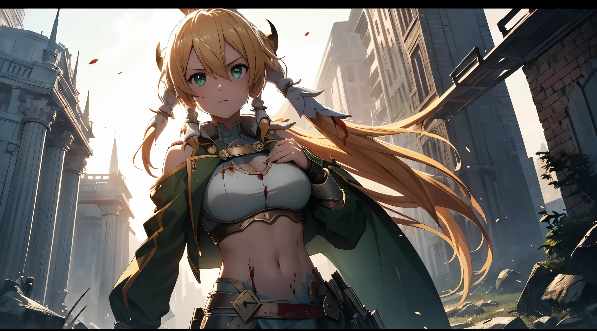 top-quality, Top image quality, masterpiece, girl((cute, 15year old, Best Bust, big bust, Beautiful emeralds eyes, Breasts wide open, Blonde long hair, A slender, expose deep belly button, Murderous face, murder, long sword, slaughter, fighting, holding a severed head of devil, systemic return blood, Reflecting the whole body, shot from below)), hi quality, Beautiful Art, Background((battlefield, The screen is covered in blood, Bloody dead body, Bloody dead man, enemies with blood)), masterpiece, Elaborate design, visual art, depth of fields, The best lighting, highest detailed, 8K, Art of sword art online