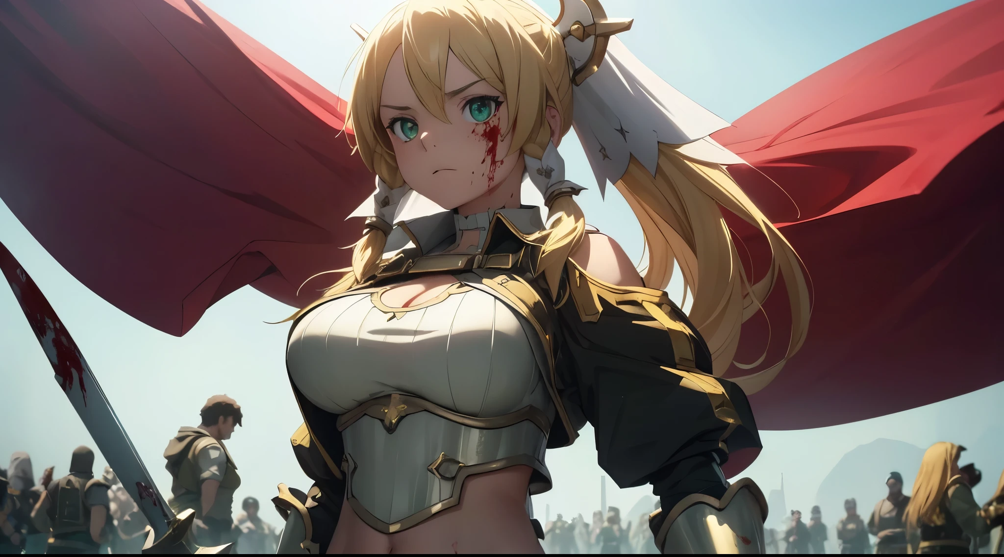 top-quality, Top image quality, masterpiece, girl((cute, ar old,st Bust, big bust, Beautiful emeralds eyes, Breasts wide open, Blonde long hair, A slender, expose deep belly button, Murderous face, murder, long sword, slaughter, fighting, holding a severed head of devil, systemic return blood, Reflecting the whole body, shot from below)), hi quality, Beautiful Art, Background((battlefield, The screen is covered in blood, Bloody dead body, Bloody dead man, enemies with blood)), masterpiece, Elaborate design, visual art, depth of fields, The best lighting, highest detailed, 8K, Art of sword art online
