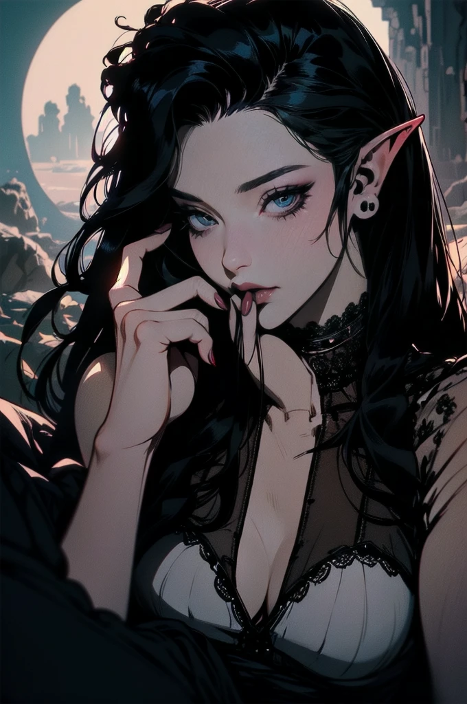 { - anatomy error}(Masterpiece - Ultra-detailed, very high resolution) moonlight, hyper-realistic of a mysterious woman with flowing black hair, ears of elf, piercing opal eyes, and a delicate lace crown, delicate smile, whole body, sitting on the ground with one finger in her mouth