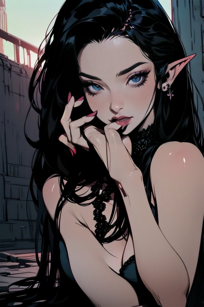 { - anatomy error}(Masterpiece - Ultra-detailed, very high resolution) moonlight, hyper-realistic of a mysterious woman with flowing black hair, ears of elf, piercing opal eyes, and a delicate lace crown, delicate smile, whole body, sitting on the ground with one finger in her mouth