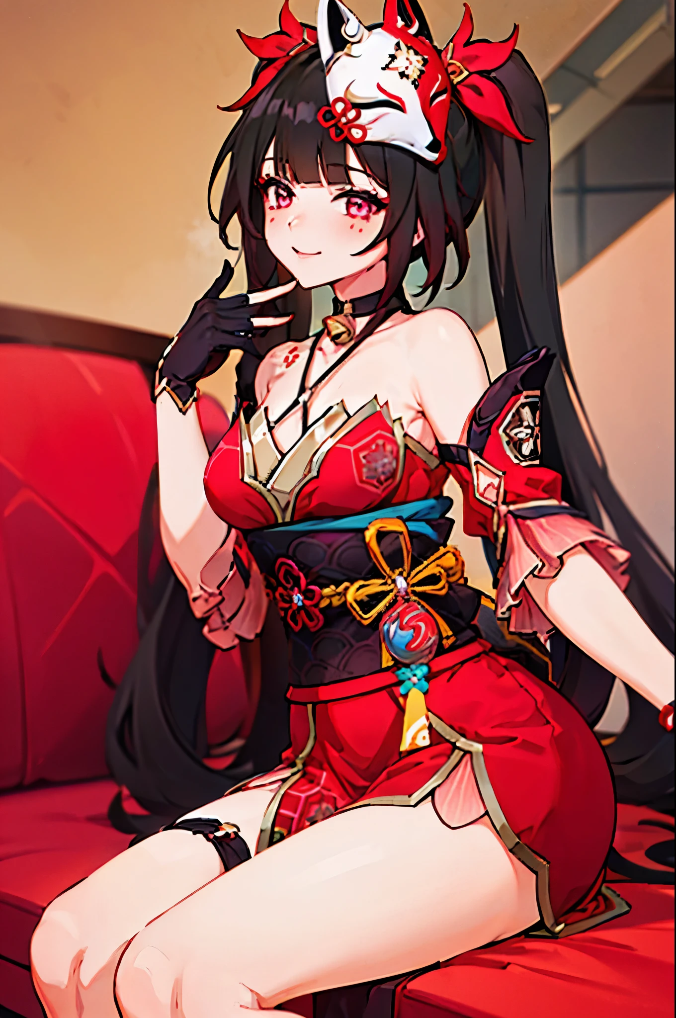 1girl, sparkle \(honkai: star rail\), twintails, hair ornament, solo, off shoulder kimono, mask on head, detached sleeves, choker, obi, single glove, wristband, criss-cross halter, thigh strap, blush, sitting, cowboy shot, living room, gasping, ecstasy, seductive smile, looking at viewer, hand on own face, masterpiece