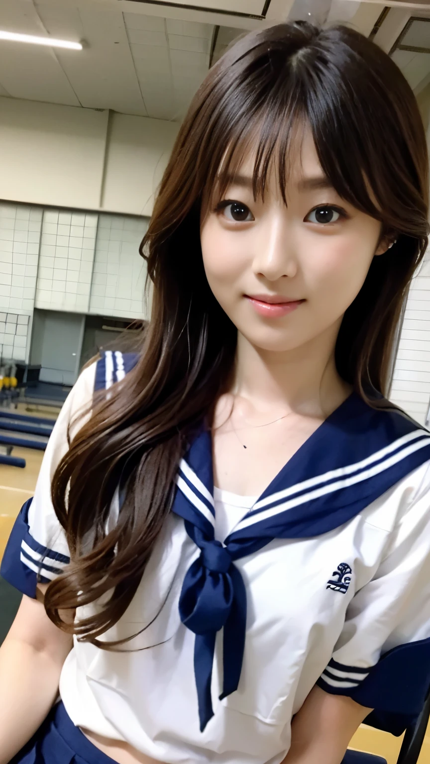 perfect anatomy ,neat high school girl, (school uniform, sailor suit, tie a ribbon on the chest, Winter clothes, Upper body is navy blue, The skirt is dark blue),High school graduation ceremony in the large gymnasium in the morning,長袖で昔ながらの紺色のsailor suitに膝丈のプリーツスカートを着て体育館シューズを履いて,((He is sitting on a pipe chair in the gymnasium with a mysterious expression on his face.)),short cut bob,(((Hip-up shot from behind))),best image quality,professional angle of view,outstanding detail,超A high resolution,realistic:1.4),high detail,focus on details,1girl concentrated in high concentration,beautiful chestnut hair,Beautiful face with a delicate and high nose,long limbs like a model,
