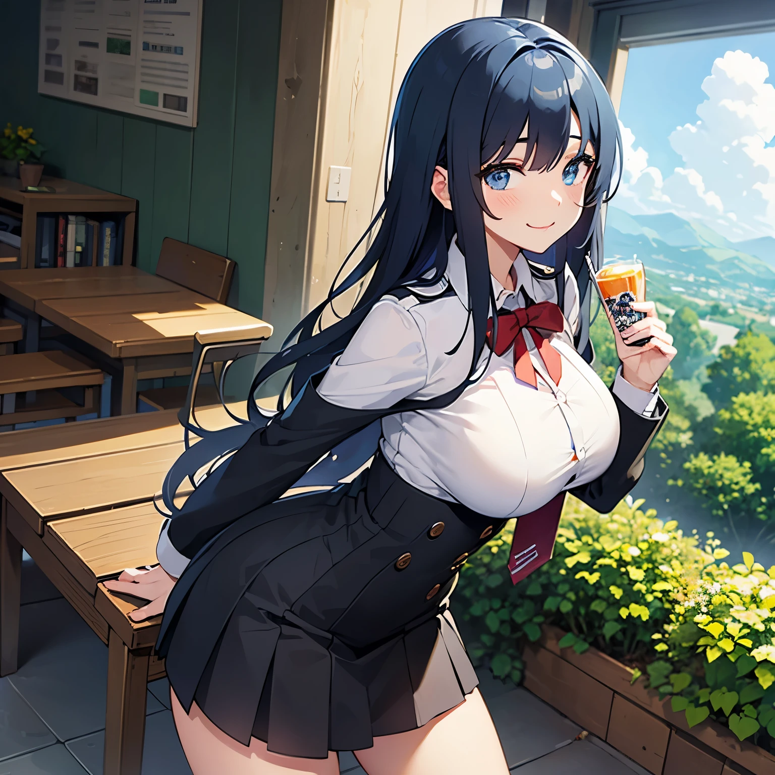 big breasts、long hair、blue hair、uniform、high school student、cute、girl、poor、seems kind、smile