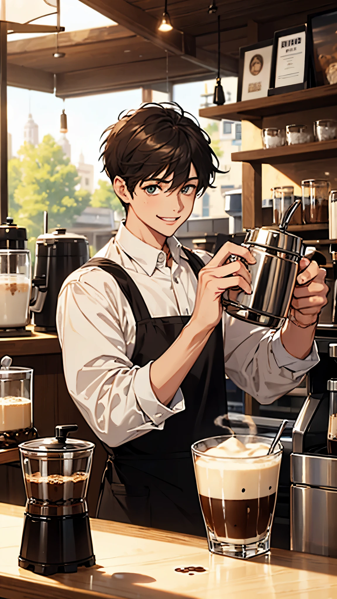 boy, short haircut, shirt, barista, brewing coffee, making cappuccino, making latte-art, smiling, coffee grinder, milk jug, coffee beans, making coffee right on bar, white rock bar, customers on background, inside, sun weather, coffeeshop, la marzocco, flowers,