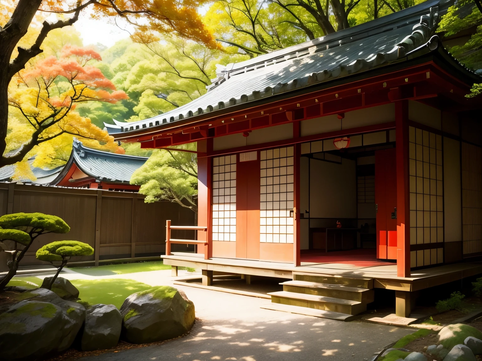 Japanese style、red、green、in nature、refreshing