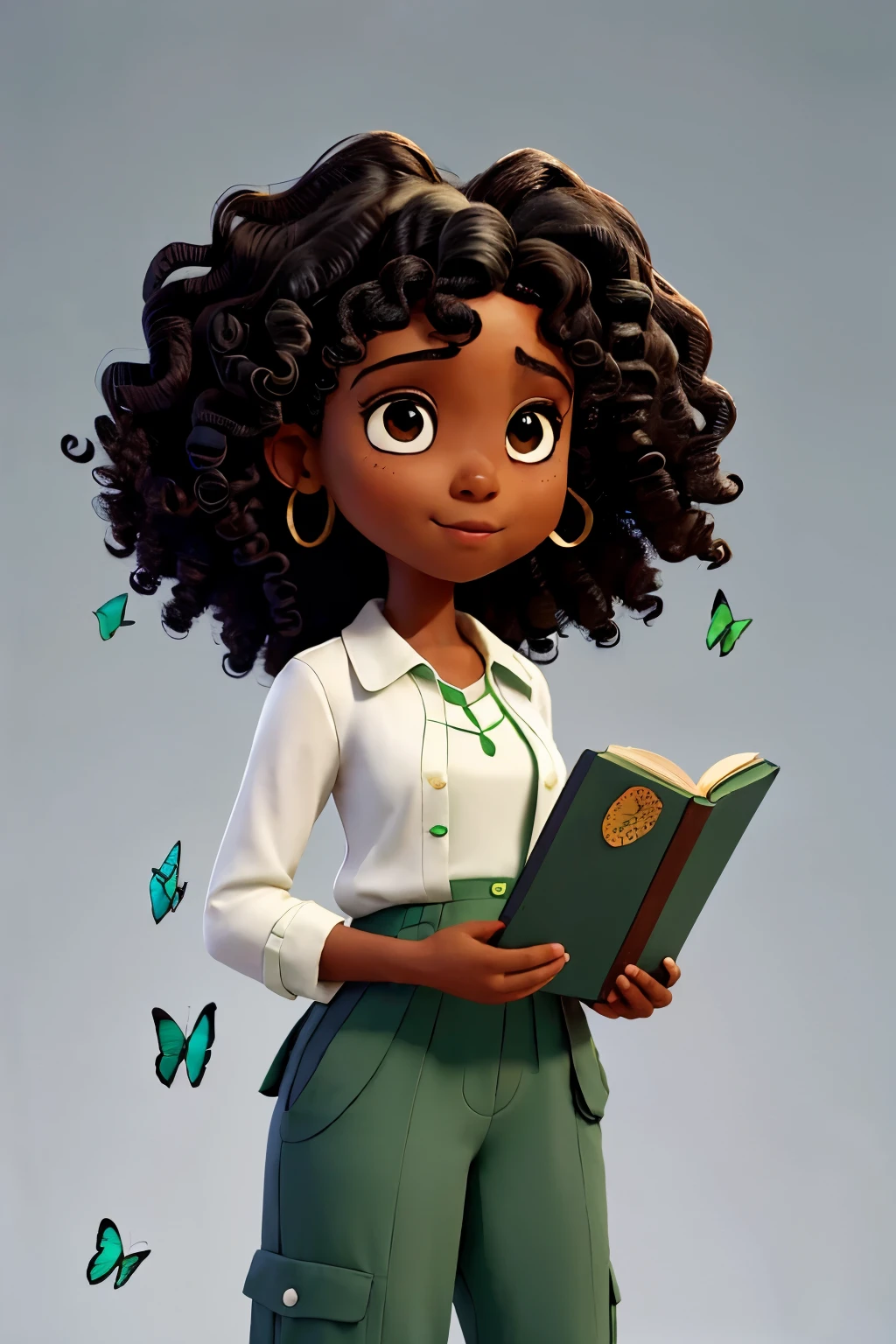 mulher negra, curly hair black eyes with green jumpsuit white blouse with butterflies with open book in hands white background

