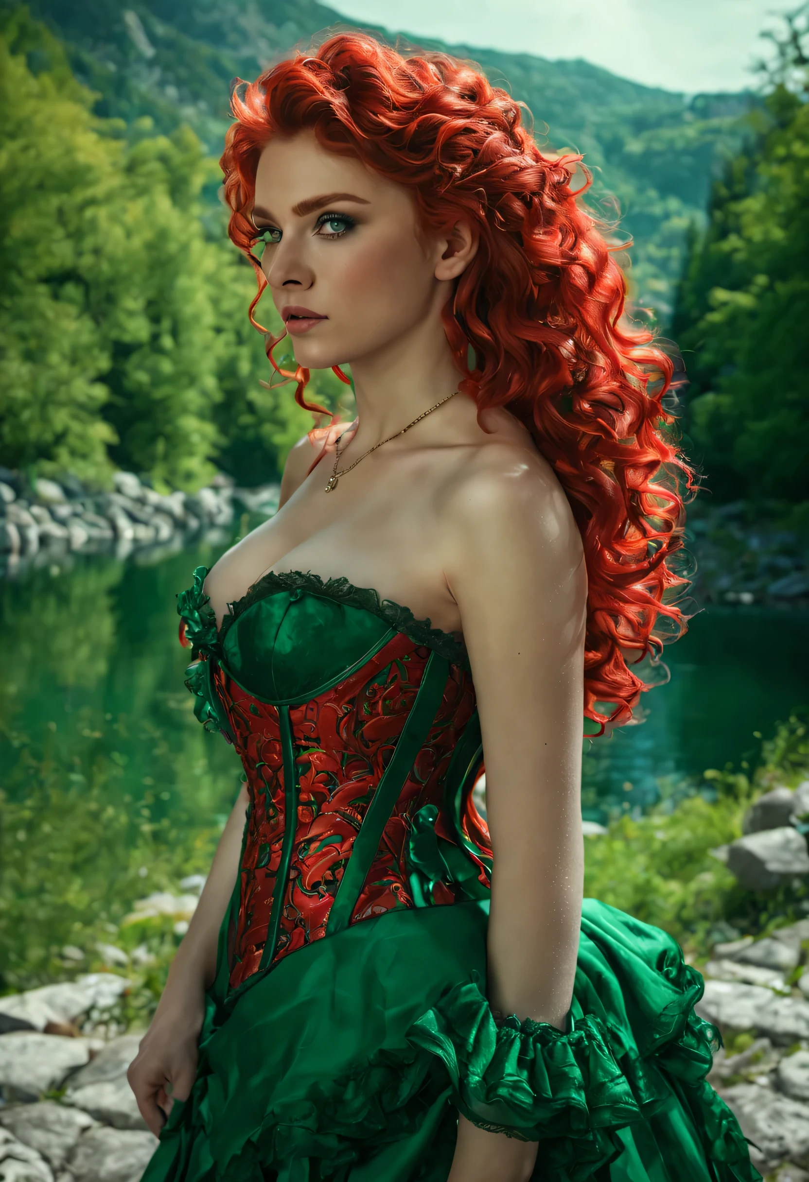 [best quality,highres:1.2],ultra-detailed,(realistic:1.37),(mid day),(vivid colors, rich coloredieval:1.1) female waif, large tits, [pretty detailed face:(1.1)],long [red curly hair, detailed curls:1.1], (emerald green eyes:1.3), walking on [cobblestones, detailed cobblestones:1.1],daytime scene,(nostalgic mood),stock photo, Beautiful read and green Victorian detailed ornate corset, [detailed clothing: 1.1],[detailed surroundings:1.1],[shore of a beautiful mountain lake, [mysterious ambiance:1.1], (full body picture:1.6), (Duotone [red and green]:1.6).