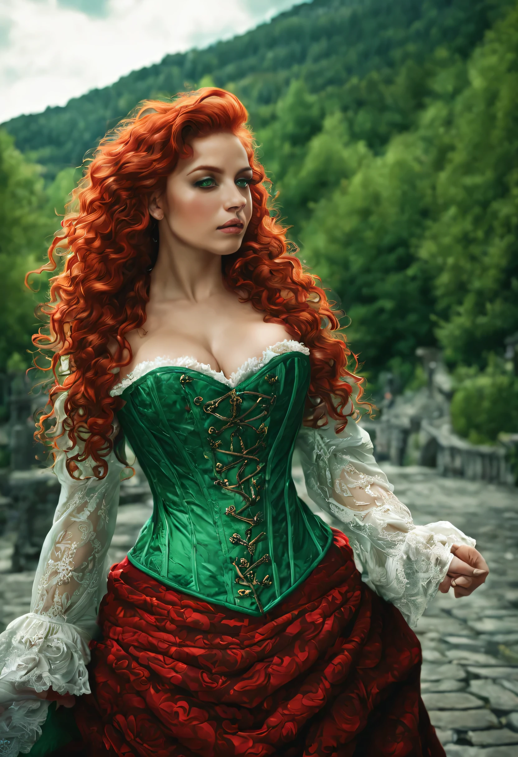 [best quality,highres:1.2],ultra-detailed,(realistic:1.37),(mid day),(vivid colors, rich coloredieval:1.1) female waif, large tits, [pretty detailed face:(1.1)],long [red curly hair, detailed curls:1.1], (emerald green eyes:1.3), walking on [cobblestones, detailed cobblestones:1.1],daytime scene,(nostalgic mood),stock photo, Beautiful read and green Victorian detailed ornate corset, [detailed clothing: 1.1],[detailed surroundings:1.1],[shore of a beautiful mountain lake, [mysterious ambiance:1.1], (full body picture:1.6), (Duotone [red and green]:1.6).