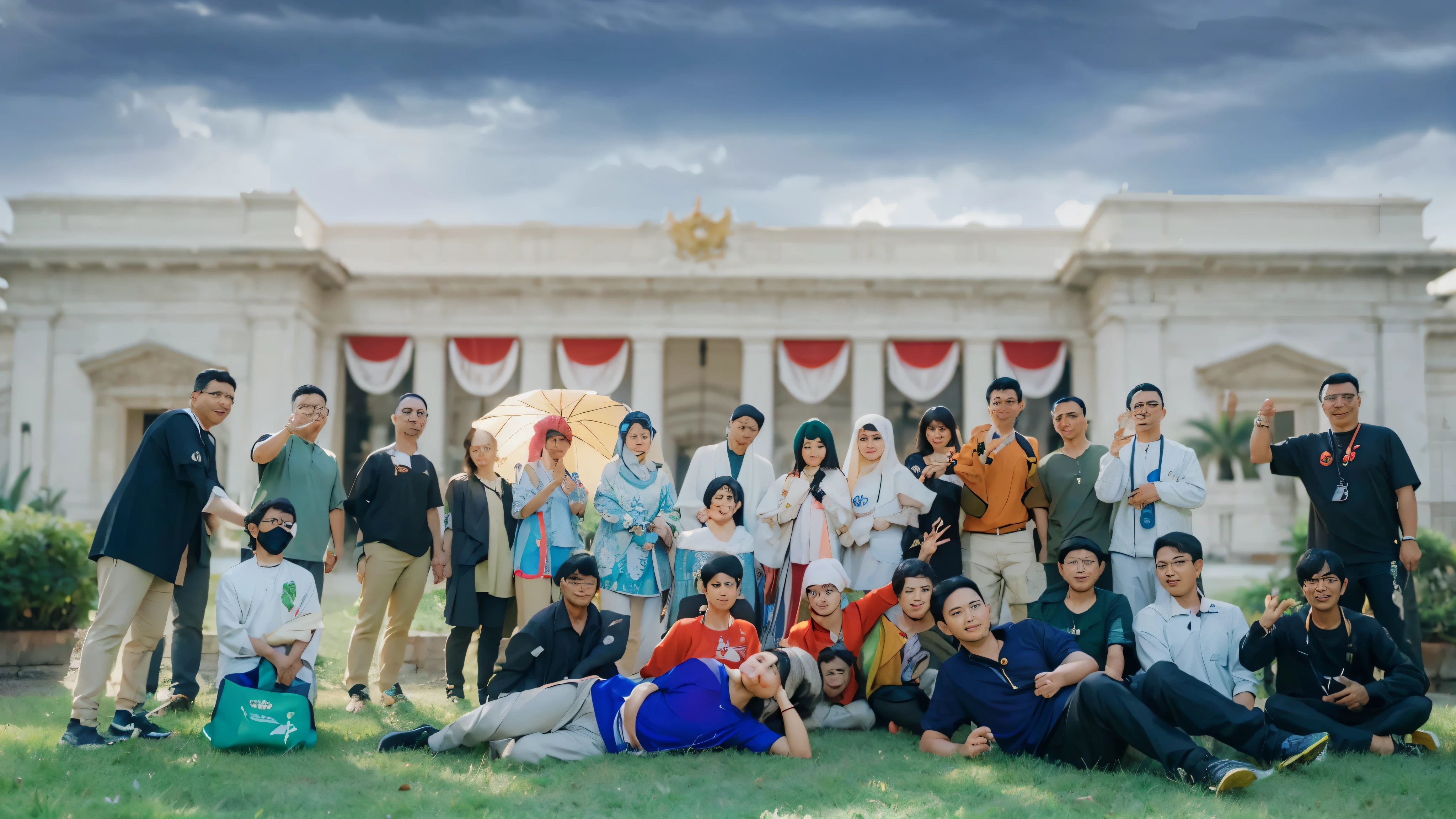 ((grup photo)) ((istana negara Indonesia)),(Group photo)),((realistic, photorealistic)),(highlight hair)), Light reflection, (( HD )),((upper body)), (((best quality, masterpiece))), (masterpiece) (best quality) (detail) (8k) (HDR) (wallpaper) (cinematic lighting) (sharp focuasterpiece, best quality: 1.1), , group Photo,green Park