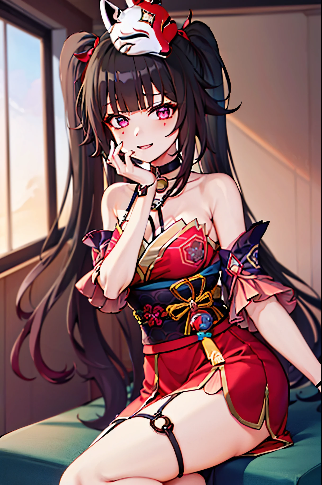 1girl, sparkle \(honkai: star rail\), twintails, hair ornament, solo, off shoulder kimono, mask on head, detached sleeves, choker, obi, single glove, wristband, criss-cross halter, thigh strap, blush, sitting, cowboy shot, living room, gasping, ecstasy, seductive smile, looking at viewer, hand on own face, masterpiece