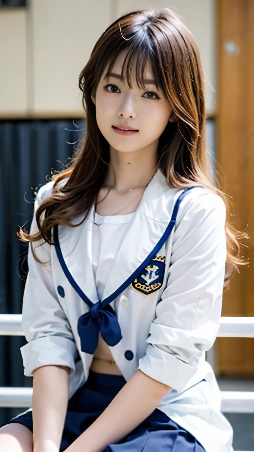 perfect anatomy ,neat high school girl, (school uniform, sailor suit, tie a ribbon on the chest, Winter clothes, Upper body is navy blue, The skirt is dark blue),High school graduation ceremony in the large gymnasium in the morning,長袖で昔ながらの紺色のsailor suitに膝丈のプリーツスカートを着て体育館シューズを履いて,((He is sitting on a pipe chair in the gymnasium with a mysterious expression on his face.)),short cut bob,(((A waist-up shot from the front, with the chin pulled back and looking straight ahead.))),best image quality,professional angle of view,outstanding detail,超A high resolution,realistic:1.4),high detail,focus on details,1girl concentrated in high concentration,beautiful chestnut hair,Beautiful face with a delicate and high nose,long limbs like a model,