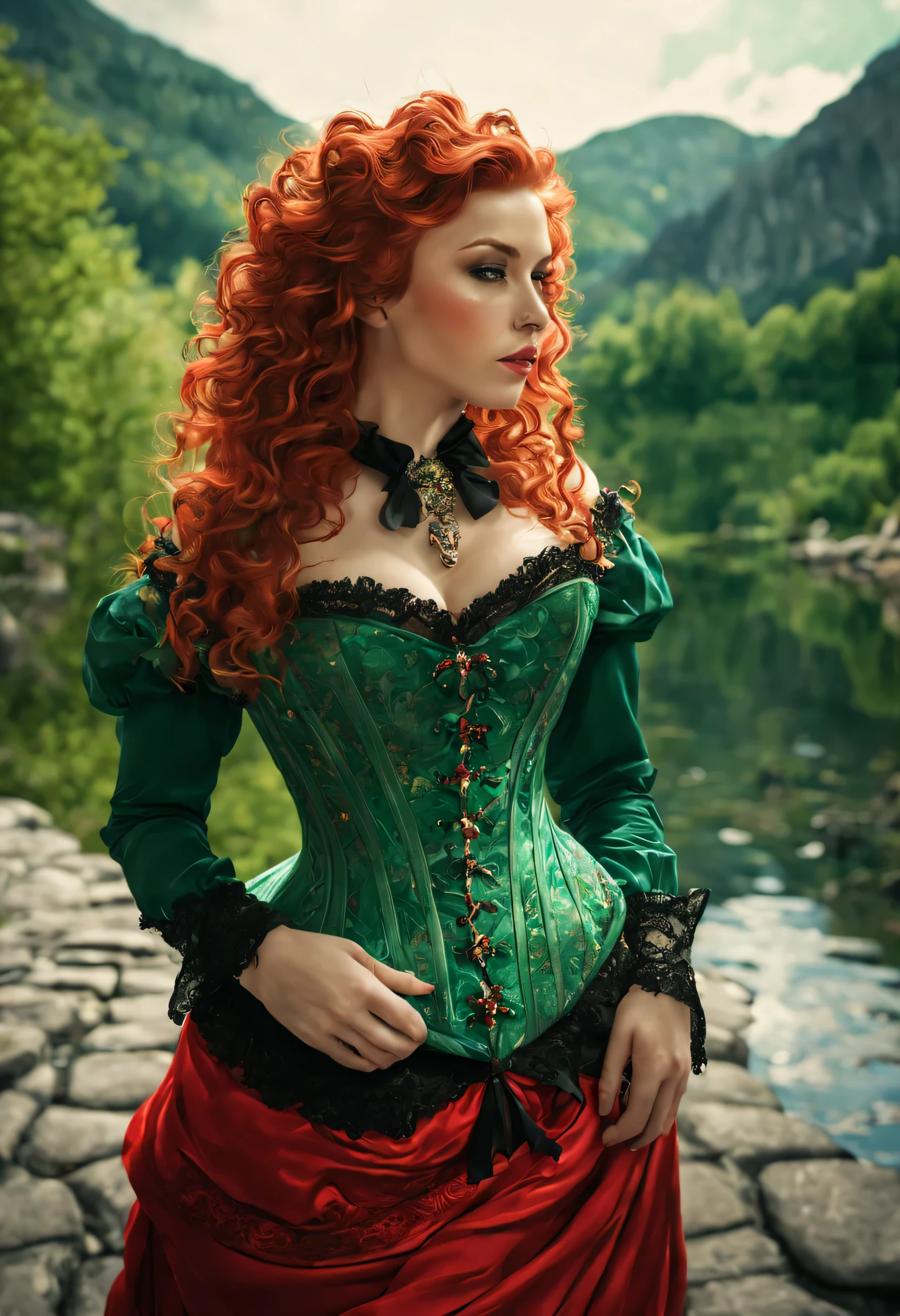 [best quality,highres:1.2],ultra-detailed,(realistic:1.37),(mid day),(vivid colors, rich coloredieval:1.1) female waif, large tits, [pretty detailed face:(1.1)],long [red curly hair, detailed curls:1.1], (emerald green eyes:1.3), walking on [cobblestones, detailed cobblestones:1.1],daytime scene,(nostalgic mood),stock photo, Beautiful read and green Victorian detailed ornate corset, [detailed clothing: 1.1],[detailed surroundings:1.1],[shore of a beautiful mountain lake, [mysterious ambiance:1.1], (full body picture:1.6), (Duotone [red and green]:1.6).