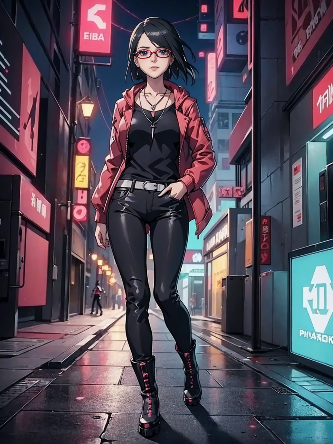 ((1girl, solo ,alone, Sarada Uchiha, short hair, ((black eyes, glasses)), uchiha sarada)), ((solo, 1woman, pink lipstick, Extremely detailed, ambient soft lighting, 4k, perfect eyes, a perfect face, perfect lighting, a 1girl)) austere, ((anime girl, ((women's long ankle boots, dark red jacket, long jacket, black pants, ruby earrings, necklace)), cyberpunk anime girl, cyberpunk in hoodie, badass anime, cute cyberpunk girl, cyberpunk streets in, cyberpunk style, cyberpunk white outfit, oppai cyberpunk, full cosplay, ((sharp face)), official art, beautiful, mature, walking in the street))