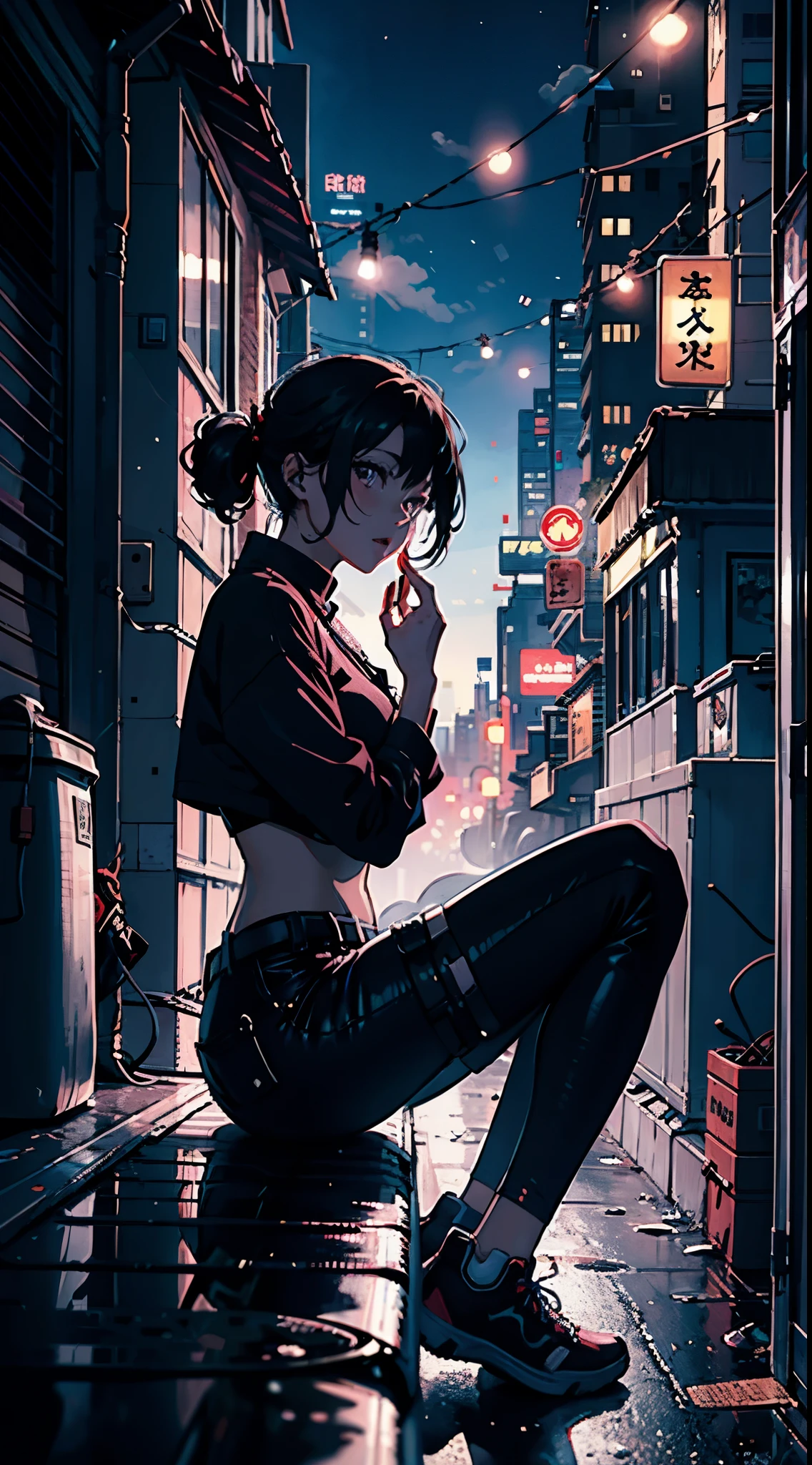 (obra de arte:1.1), (ultra-detalhado), (melhor qualidade), (detalhes intrincados), A cyberpunk girl sitting on a roof looking at a view of the city with flashing neon lights, inspirado na arte de Yoshitaka Amano, em estilo de moebius, incredible works of art, Autor：Ashenville, Papel de parede de arte anime 4k, Papel de parede de arte anime 4k, papel de parede de arte anime 8k