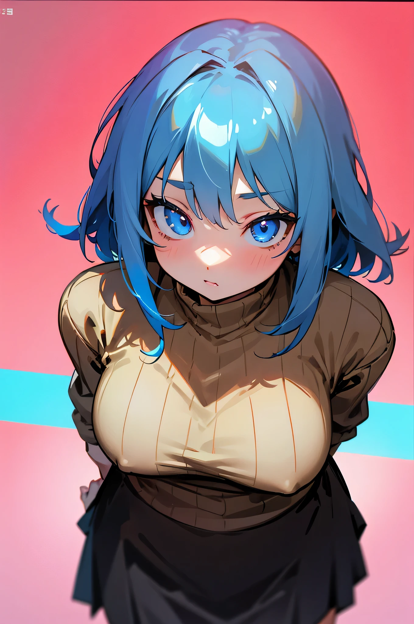 solo adult woman、light blue eyes　hair、Long Hair、looking at the camera、stare at the camera、Angle from above、Brown sweater、plump breasts、black skirt、Neon feeling、
