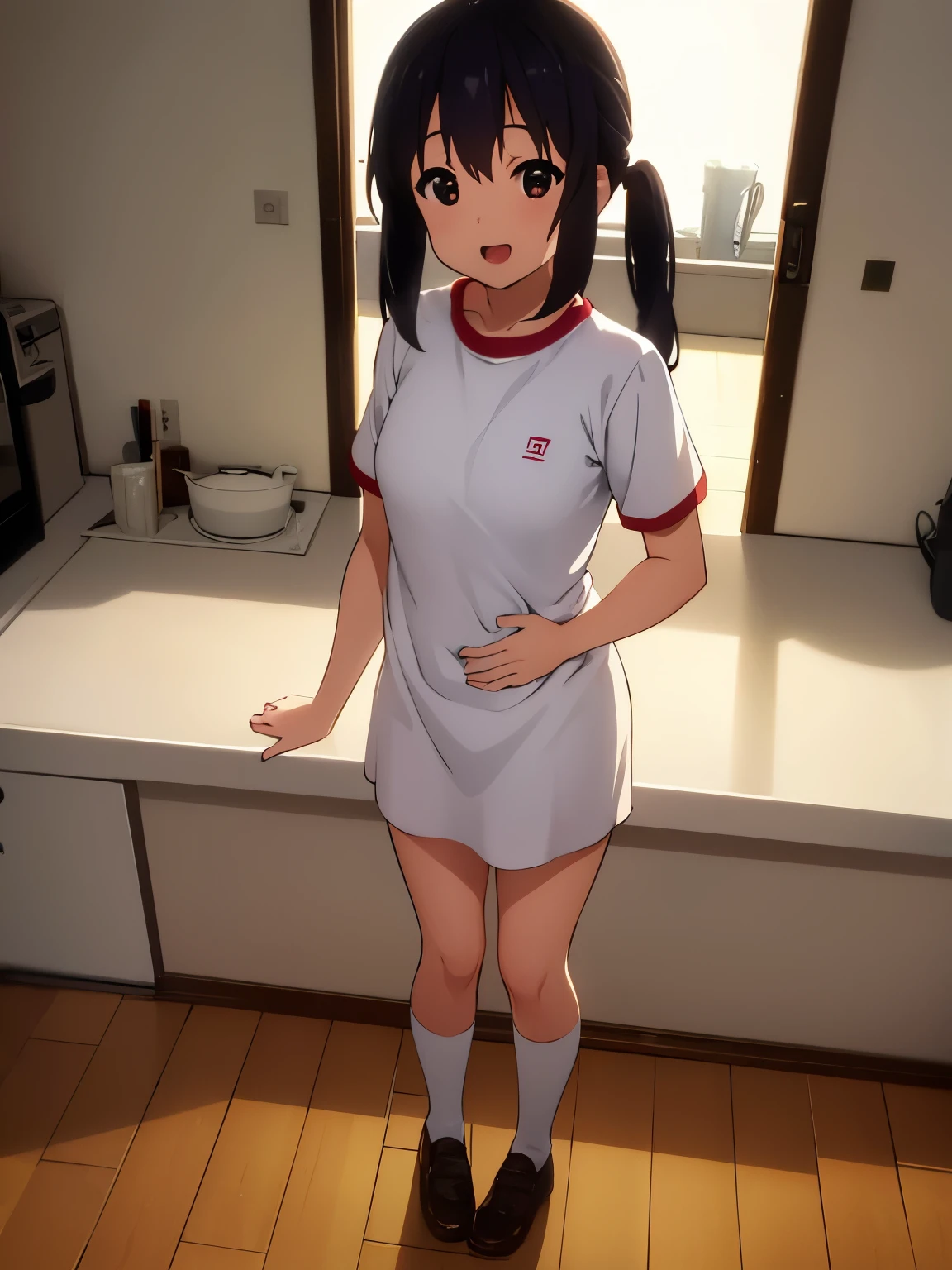 (best quality, masterpiece:1.2), 1girl, (((masterpiece))), (((full body))), top-quality, top-quality, High Details, nakano azusa, 1girl, Sakuragaoka High School Uniform, sport clothes,short-sleeved sports shirt, shorts, Twin-tailed, length hair, A dark-haired, brown-eyed, solo, reddish, illustratio, comic strip, soothing tones, Subdued Color, Soft cinematic light, adobe lightroom, photolab, HDR, intricately and hyper-detailed、(((depth of fieldasterpiece)))。(((top-quality))).)((ultra-detailliert)))。(((illustratio)))。(((takeout))).dynamic focus.big breasts.(((kitchen))).(((A home))).(((Face of happy smile))). Close eye, open mouth.(((put hands on the stomach))).(((up chest))).((morning glow)).((the setting sun)), solo, anime, anime screencap, ray tracing, ultra resolution image, vivid color, cinematic light, lens flare, light on face, glow eyes, depth of field, happy, detailed background, cute, straight-on, dive dress, navel,