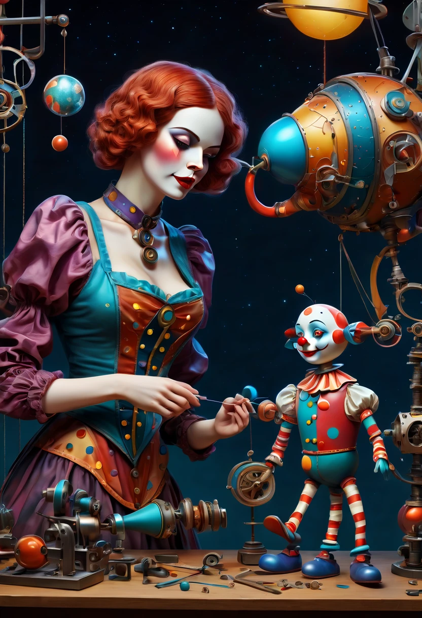 (best quality, highres, ultra sharp), scene of a mechanical woman in a workshop fixing magical mechanical (clown puppets), about the curvature of space time, working, art deco, zentangle, full colored,3d crunch, cinematic