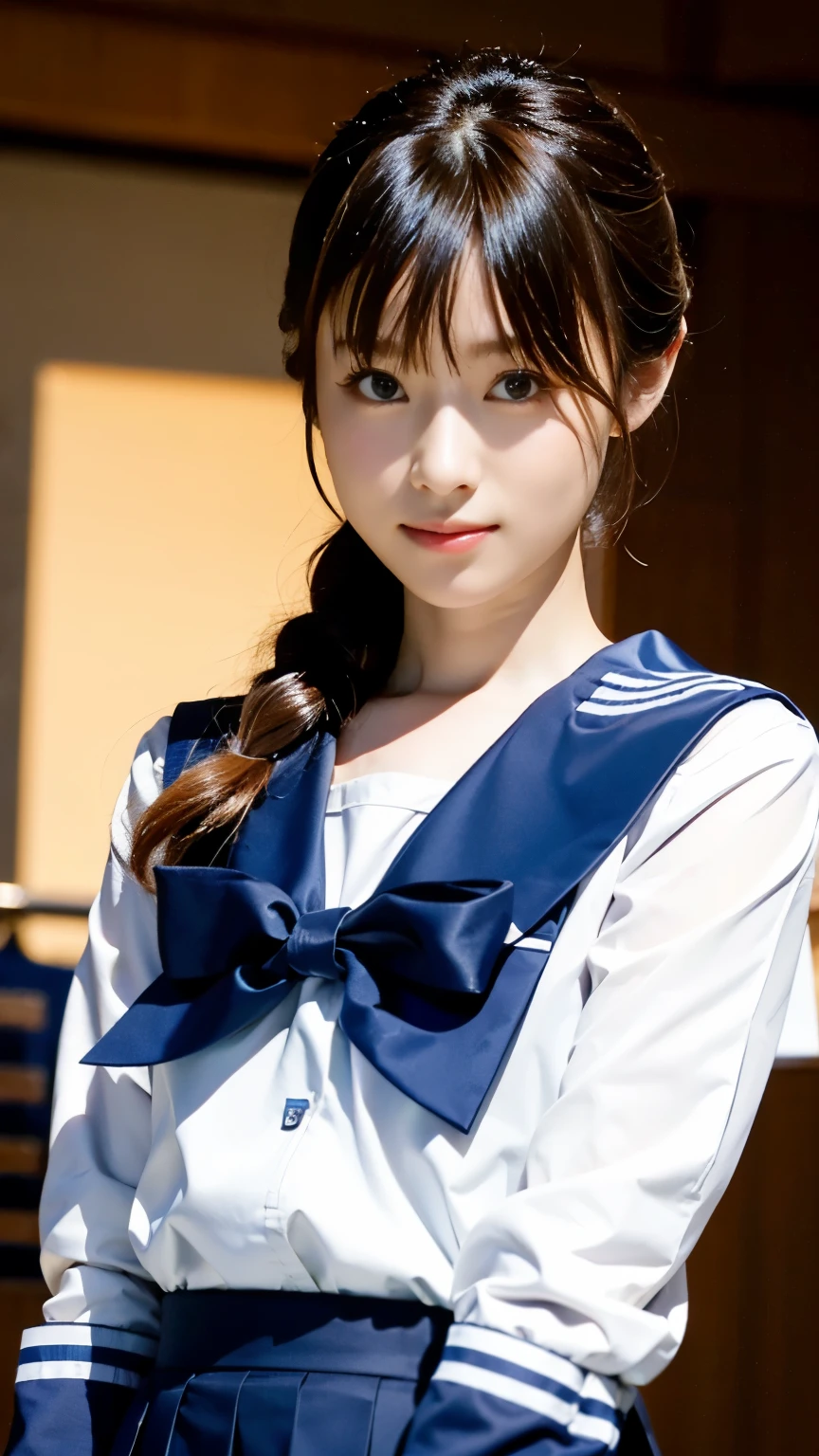 perfect anatomy ,neat high school girl, (school uniform, sailor suit, tie a ribbon on the chest, Winter clothes, Upper body is navy blue, The skirt is dark blue),High school graduation ceremony in the large gymnasium in the morning,((長袖で昔ながらの紺色のsailor suitに膝丈のプリーツスカートを着て体育館シューズを履いて)),He is sitting on a pipe chair in the gymnasium with a mysterious expression on his face.,The short bobbed hair is cute,(((Shooting from the stage where the person is standing still with their chin pulled back and looking ahead.))),best image quality,professional angle of view,outstanding detail,超A high resolution,realistic:1.4),high detail,focus on details,1girl concentrated in high concentration,beautiful chestnut hair,Beautiful face with a delicate and high nose,long limbs like a model,
