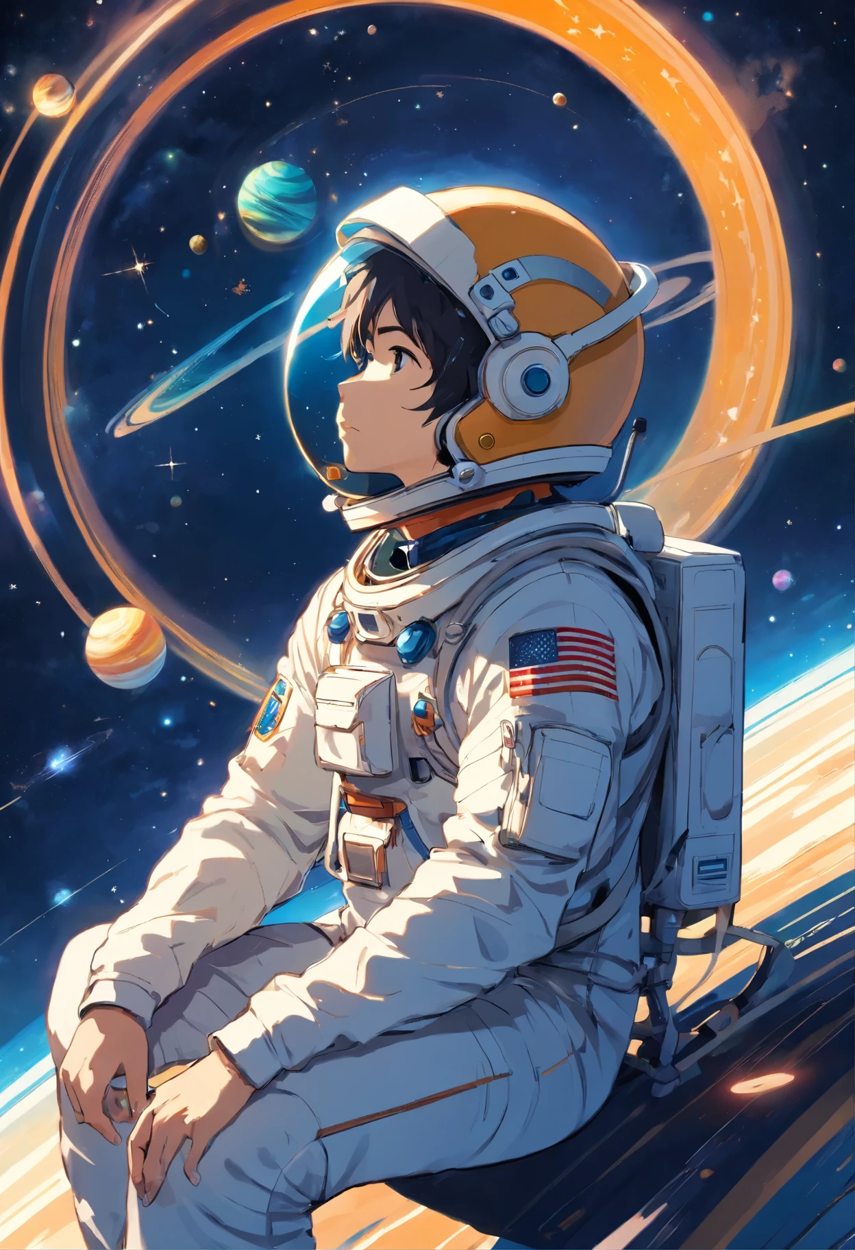 An astronaut man with a helmet sitting on the rings of Saturn looking into outer space full of stars, planets and constellations 