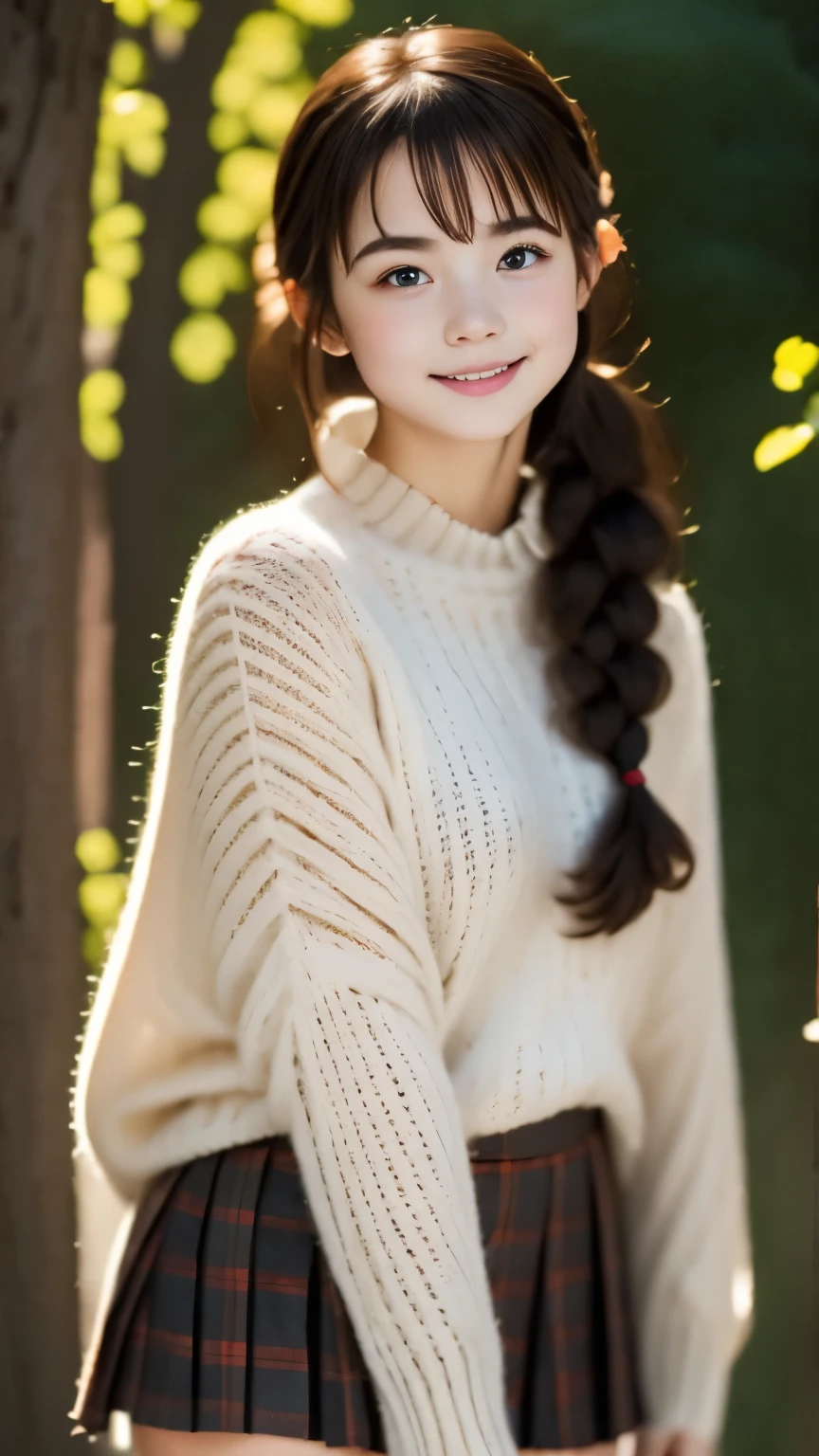 (high quality, High resolution, super detailed, RAW photo,realistic:1.37), peaceful atmosphere, (outdoors, garden), age girl standing alone, , Beautiful detail features,(( cute smile:0.2)), (french braid), ribbed sweater, red plaid skirt, black knee socks, brown boots:1.5.