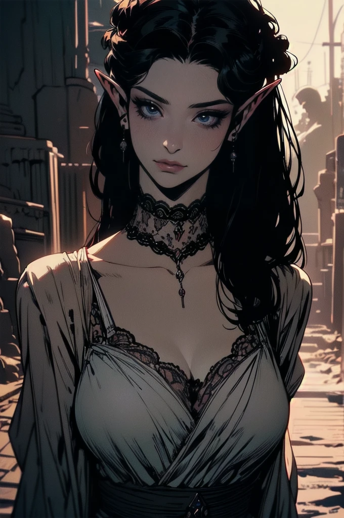 { - ??????? error}(Masterpiece - Ultra-detailed, very high resolution) moonlight, hyper-realistic of a mysterious woman with flowing black hair, ears of elf, piercing opal eyes, and a delicate lace crown, delicate smile, whole body, walking on the ground