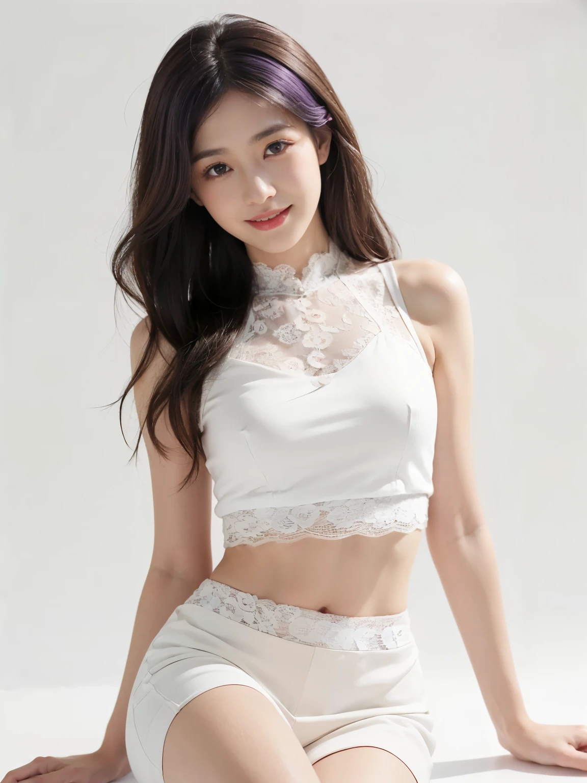 ((((highest quality))))、(((Ultra-precision CG16K wallpaper)))、(((masterpiece)))、(((Super detailed)))、(((super extreme details)))、1people's women、mature woman、25 year old woman、((Japanese face))、((very beautiful face))、((Zuo々Ki Nozomi:1.5))、((Soft wave semi-long hair:1.3))、(shiny hair)、bangs up to eyebrows、beautiful brown hair、beautiful delicate eyes、brown eyes、raised eyebrows、high nose、small nostrils、small mouth、seductive lipouth slightly open、beautiful breasts、C cup size breasts、cleavage、plump body、perfect proportions、perfect anatomy、perfect composition、beautiful detailed shading、beautiful natural lighting、beautiful detail glow、Depth of the bounds written、soft focus、(((High chroma)))、(((real:1.9)))、((vivid:1.4))、((beautiful skin))、((skin texture))、((realな皮膚感))、(((head to knee shot:1.5)))、((Angle seen from the front:1.5))、((smile:1.4))、(Eyes looking at me:1.5)、bright sunshine、(((plain background:1.3)))、(standing pose:1.5)、(((White lace mini two-piece clothing:1.6)))、