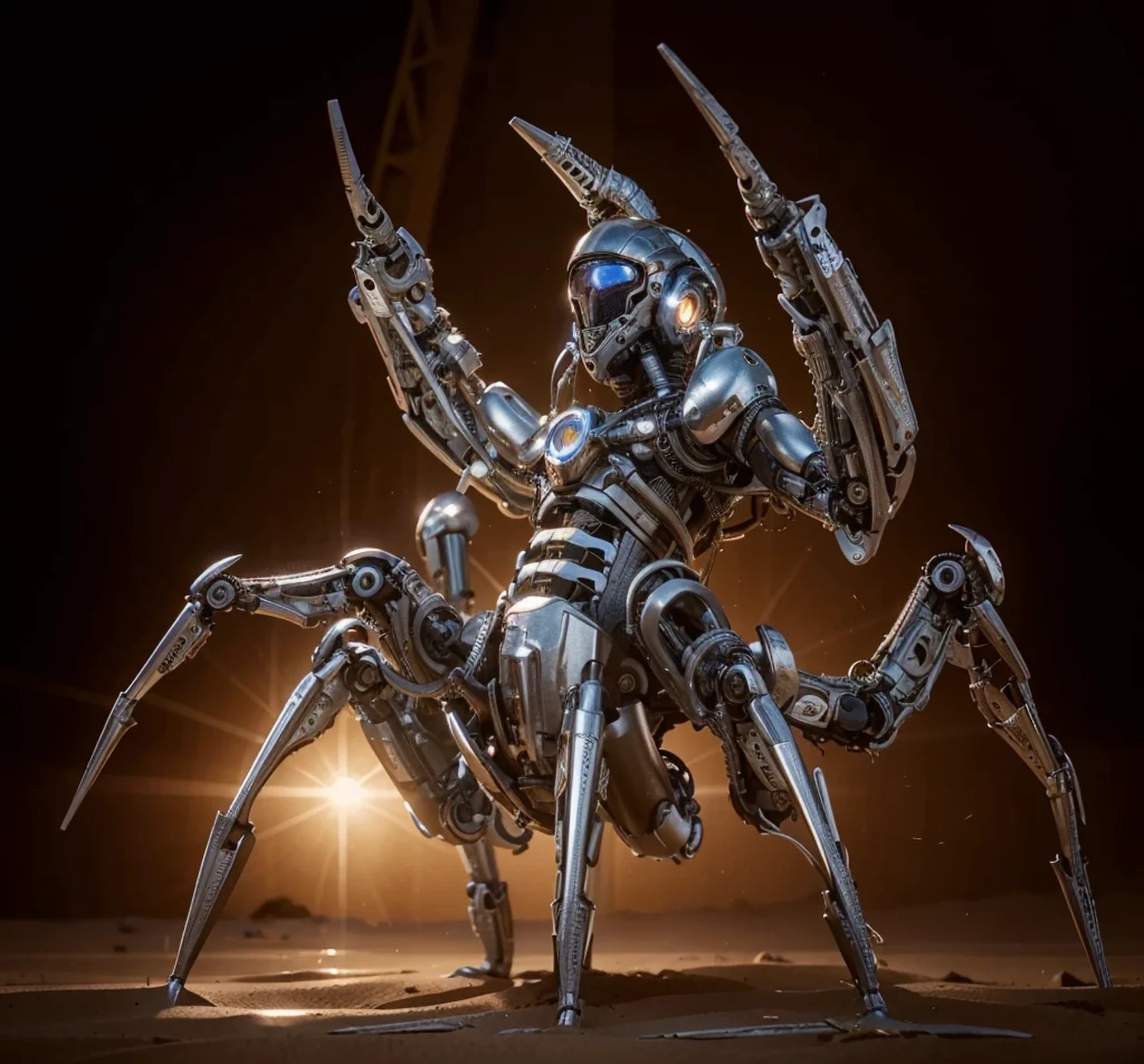 Ultra advanced biomechanical cyborg, biological human part with robotic inserts, partes humanas, Man's head and torso with robotic inserts., color negro y rojo, metallic tentacles, Cables y tubos rodean su cuerpo., insectoid mechanical legs, He is in the middle of the sand desert. , Sunny day, 4k, ultra detallado image, realista, muy detallado, perfect composition, splendid, intrincadamente detallado, incredibly detailed, 8k art photography, hiper detallado, Obra maestra, ultra detallado, hyper realista, 4k, ultra detallado image, realista, muy detallado, perfect composition, splendid, intrincadamente detallado, incredibly detailed, Artistic photography in 8K, hiper detallado