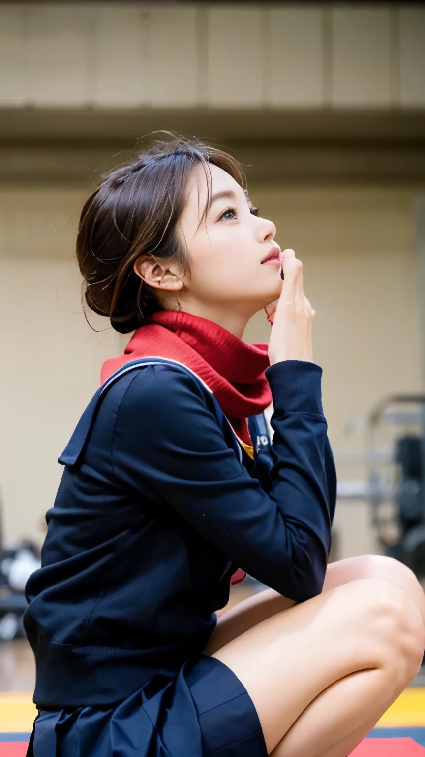perfect anatomy ,High school graduation ceremony held in the high ceiling gymnasium in the morning,((She was wearing an old-fashioned navy blue sailor suit with long sleeves, a red scarf, a knee-length pleated skirt, and gym shoes.)),He is sitting on a pipe chair in the gymnasium with a mysterious expression on his face.,The short bobbed hair is cute,(((Take a profile shot from the side))),best image quality,professional angle of view,outstanding detail,超A high resolution,realistic:1.4),high detail,focus on details,1girl concentrated in high concentration,beautiful chestnut hair,Beautiful face with a delicate and high nose,long limbs like a model,
