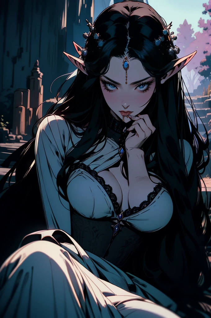 { - anatomy error}(Masterpiece - Ultra-detailed, very high resolution) moonlight, hyper-realistic of a mysterious woman with flowing black hair, ears of elf, piercing opal eyes, and a delicate lace crown, delicate smile, whole body, sitting on the ground, with one finger in her mouth
