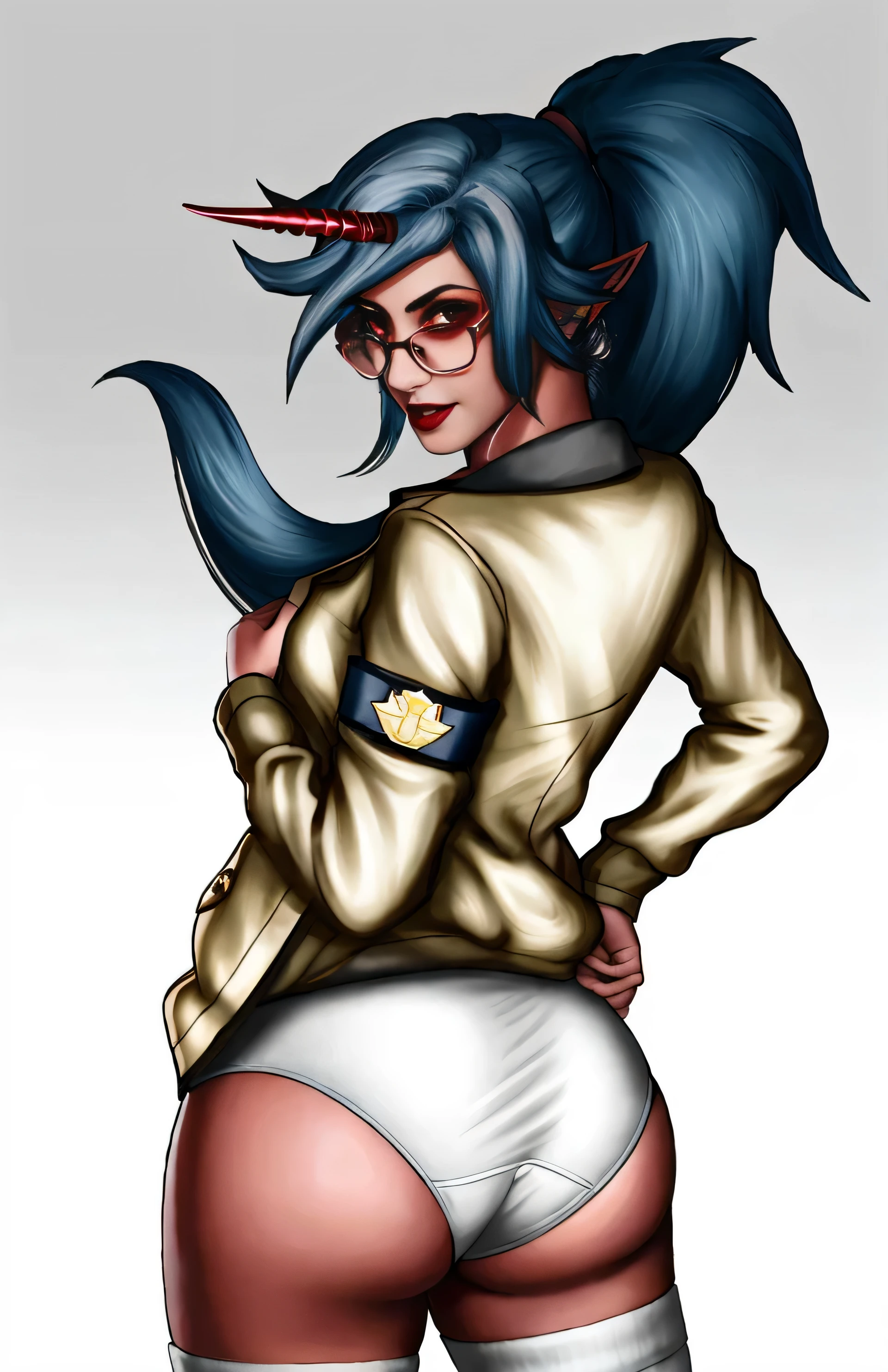 ((masterpiece, best quality)), ((27 year old)), (((Curvy))), (((Red-skinned demon woman with horn and long blue ponytail))), lifting up brown military uniform to reveal, ((white cotton panties)), (((Large Hips))), ((deviously smirking)), Yellow eyes, black lipstick, Black glasses, White long-socks, (((photo realistic)))